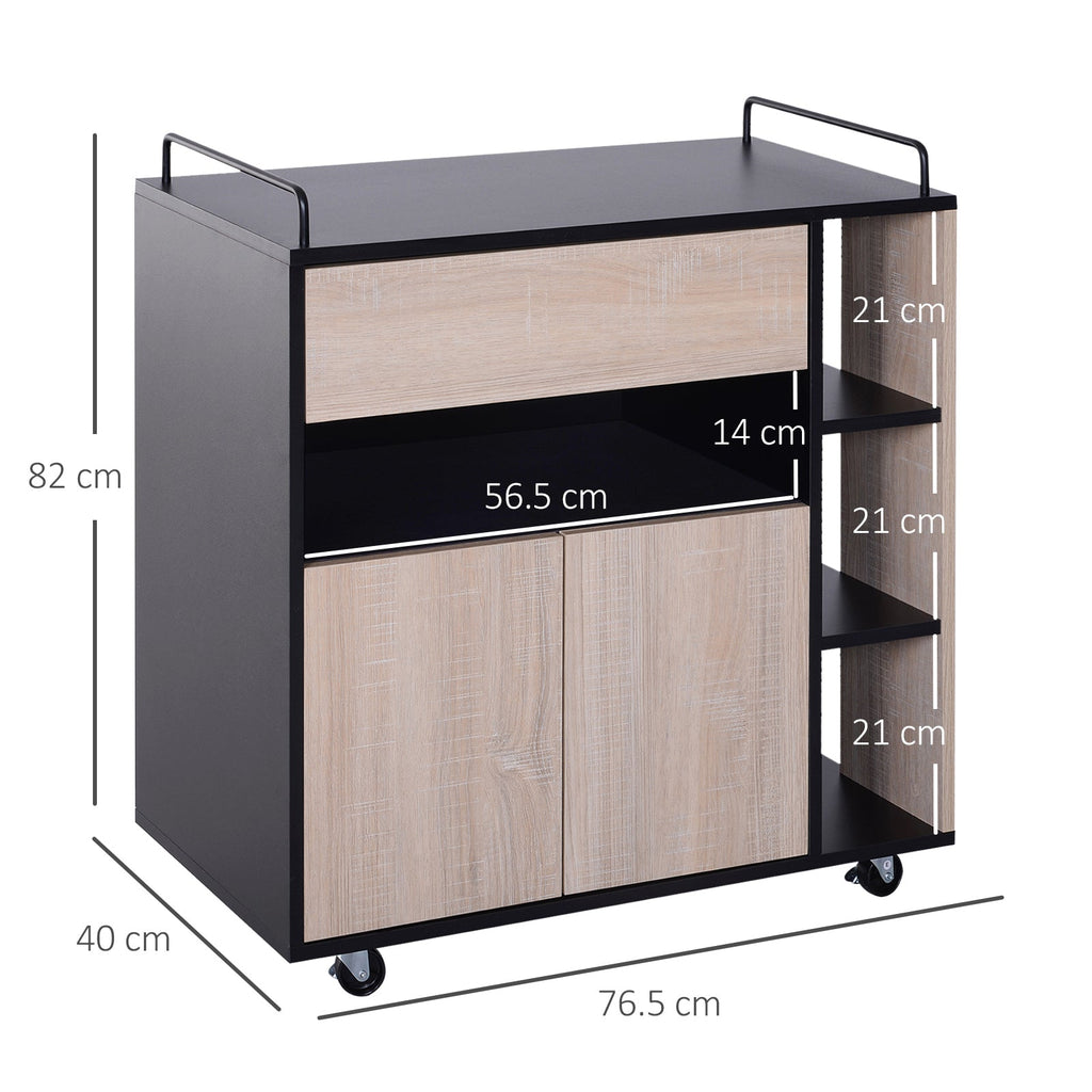 Kitchen Cabinet with drawers and wooden wheels, oak and black 76.5x40x82cm - Borgè