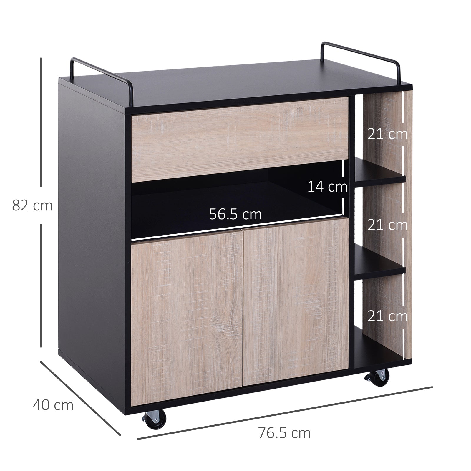 Kitchen Cabinet with drawers and wooden wheels, oak and black 76.5x40x82cm - Borgè
