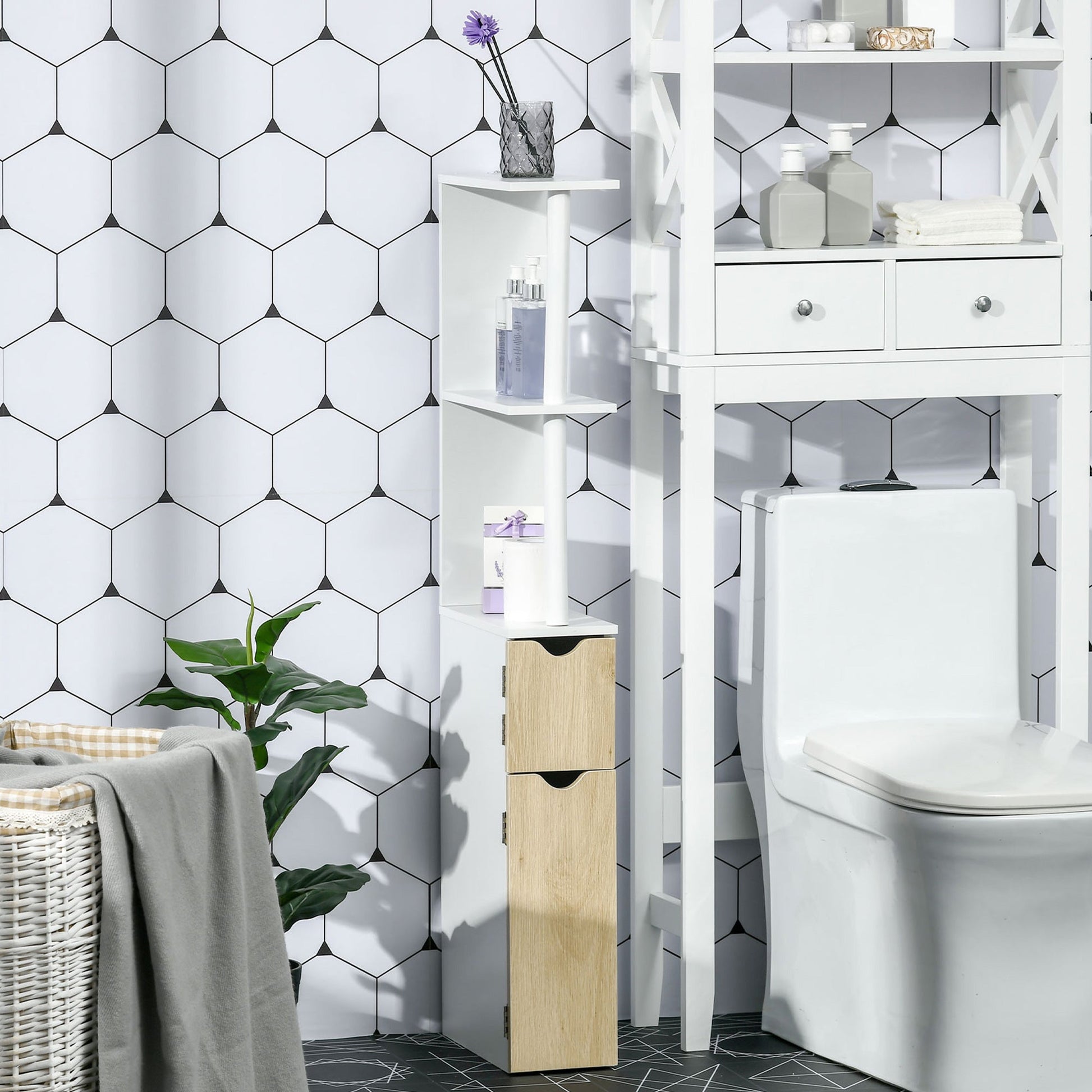 Kleankin Bathroom column with 2 shelves and 2 cabinets, high saving mobile 15.2x29.8x118cm, white and wood - Borgè