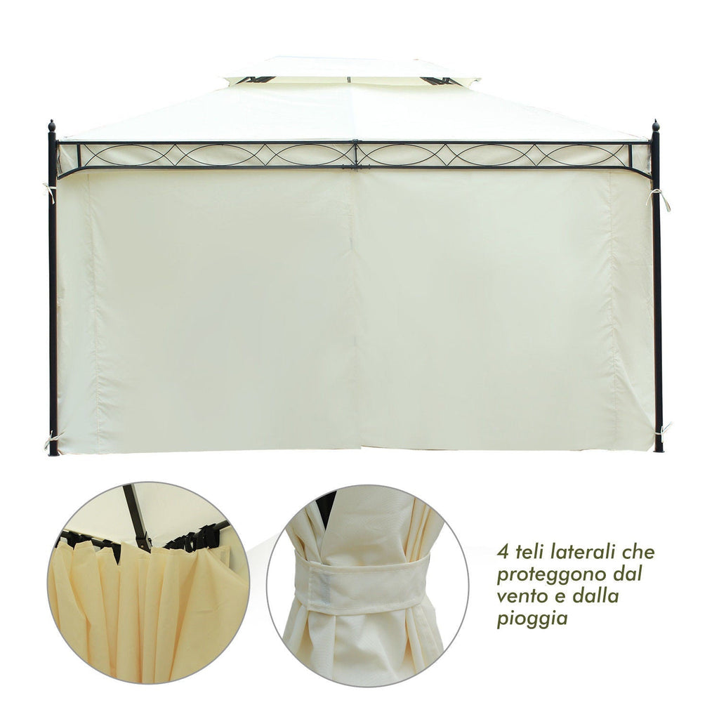 3x4m Steel Garden Gazebo with Double Roof and 4 Side Awnings, Cream - Borge' Group Limited