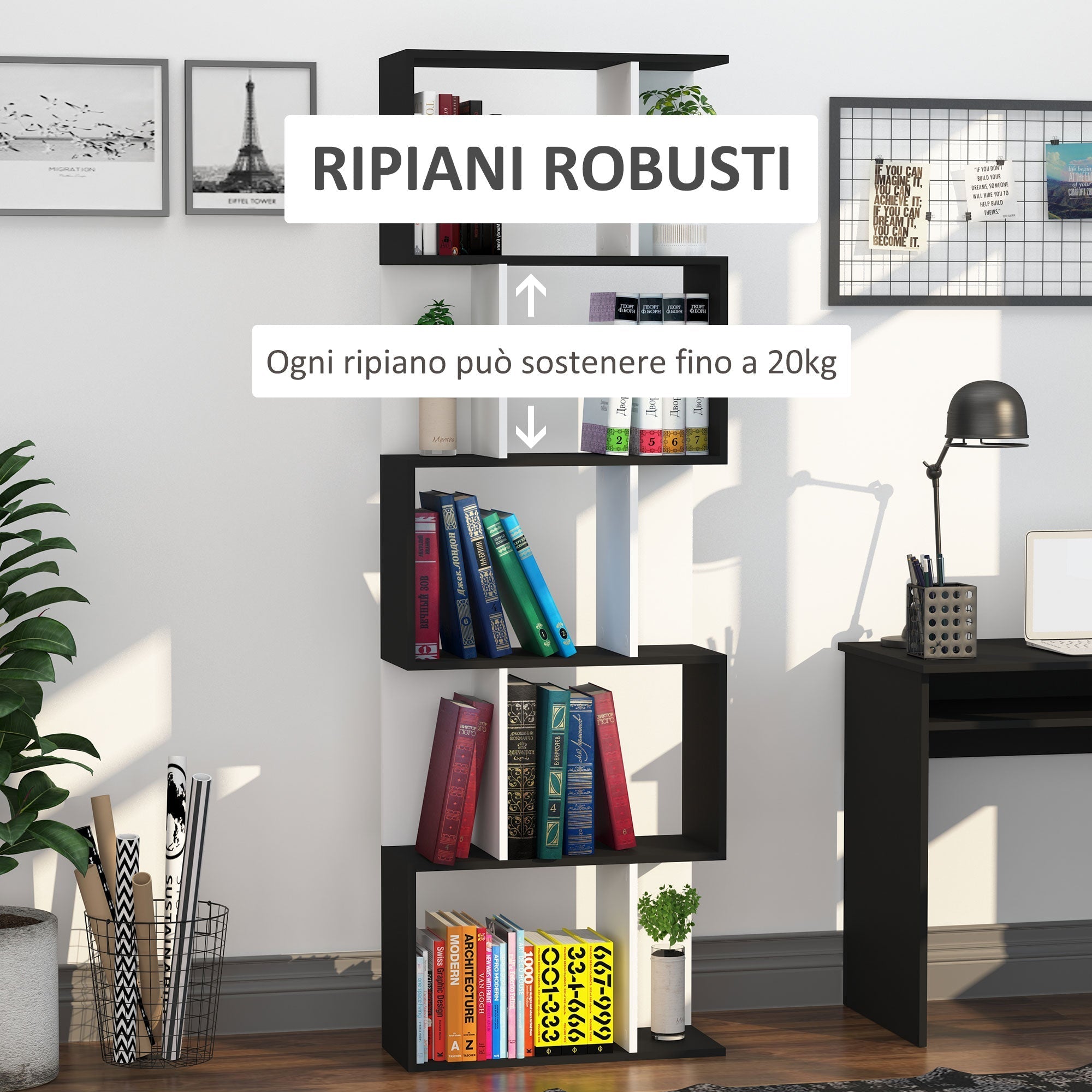 Homdom Modern Wall Library 5 Black and Black Wooden Woodlings, 60x24x184.5cm - Borgè