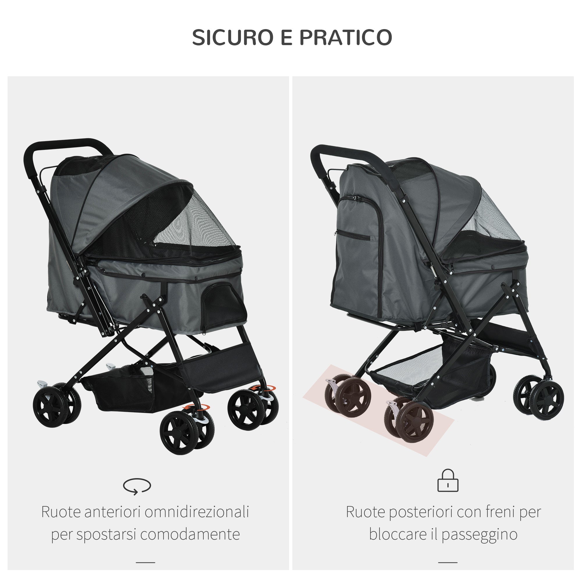 PAWHUT Small dog stroller folding with swivel handle and storage basket, 76.5x52x95 cm, Grey - Borgè