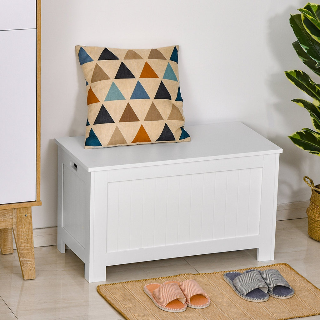 Bench Multipurpose Wooden Wooden Container MDF Opening with Safety Block, 81x40x46cm, White - Borgè