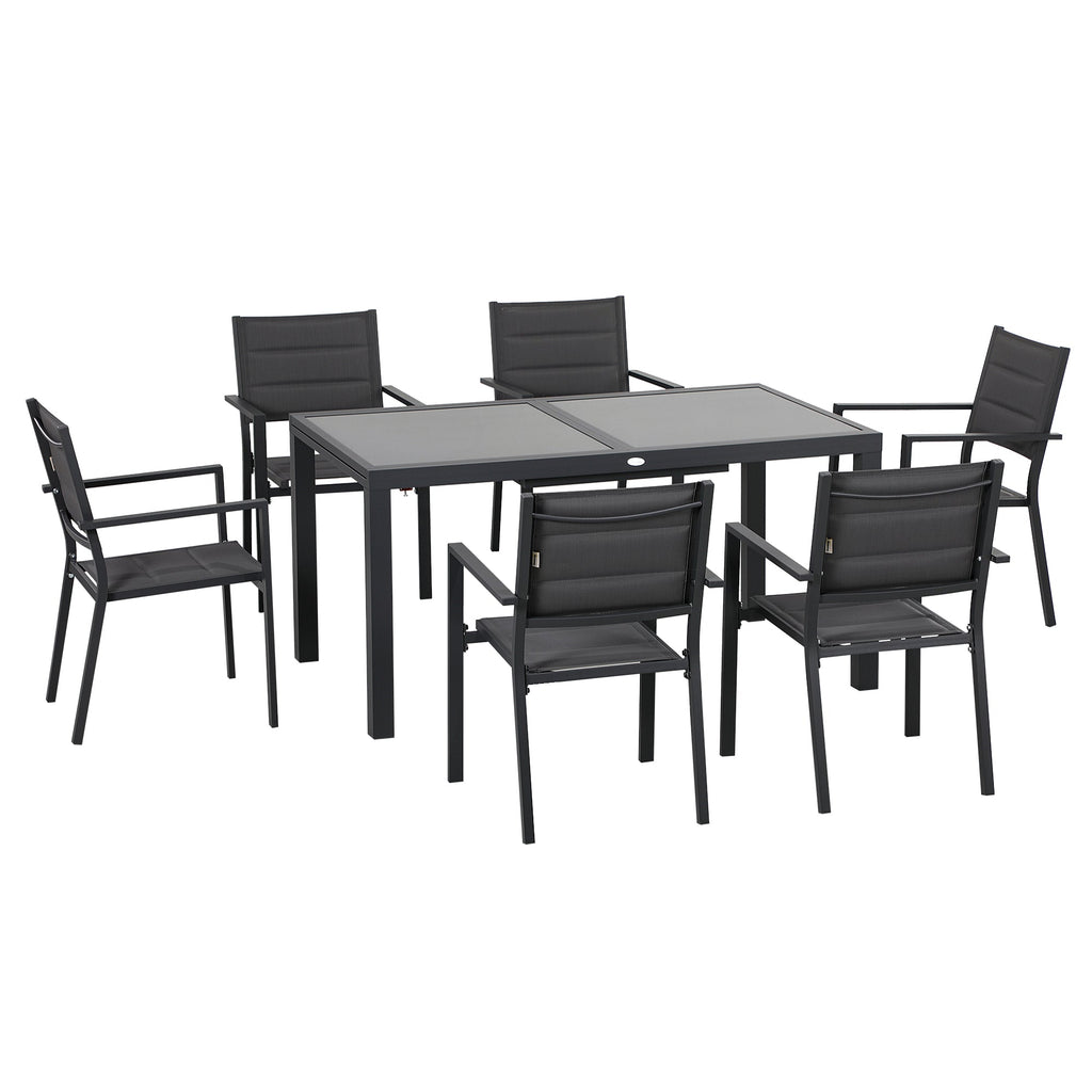 Extendable Glass Table and 6 Chairs Garden Set with Breathable Seat, Dark Grey - Borge' Group Limited