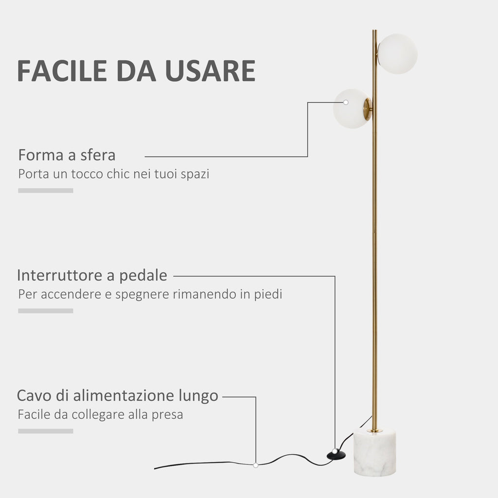 ground lamp with 2 sphere lampshades and pedal switch, 35x35x165cm, gold and white - Borgè