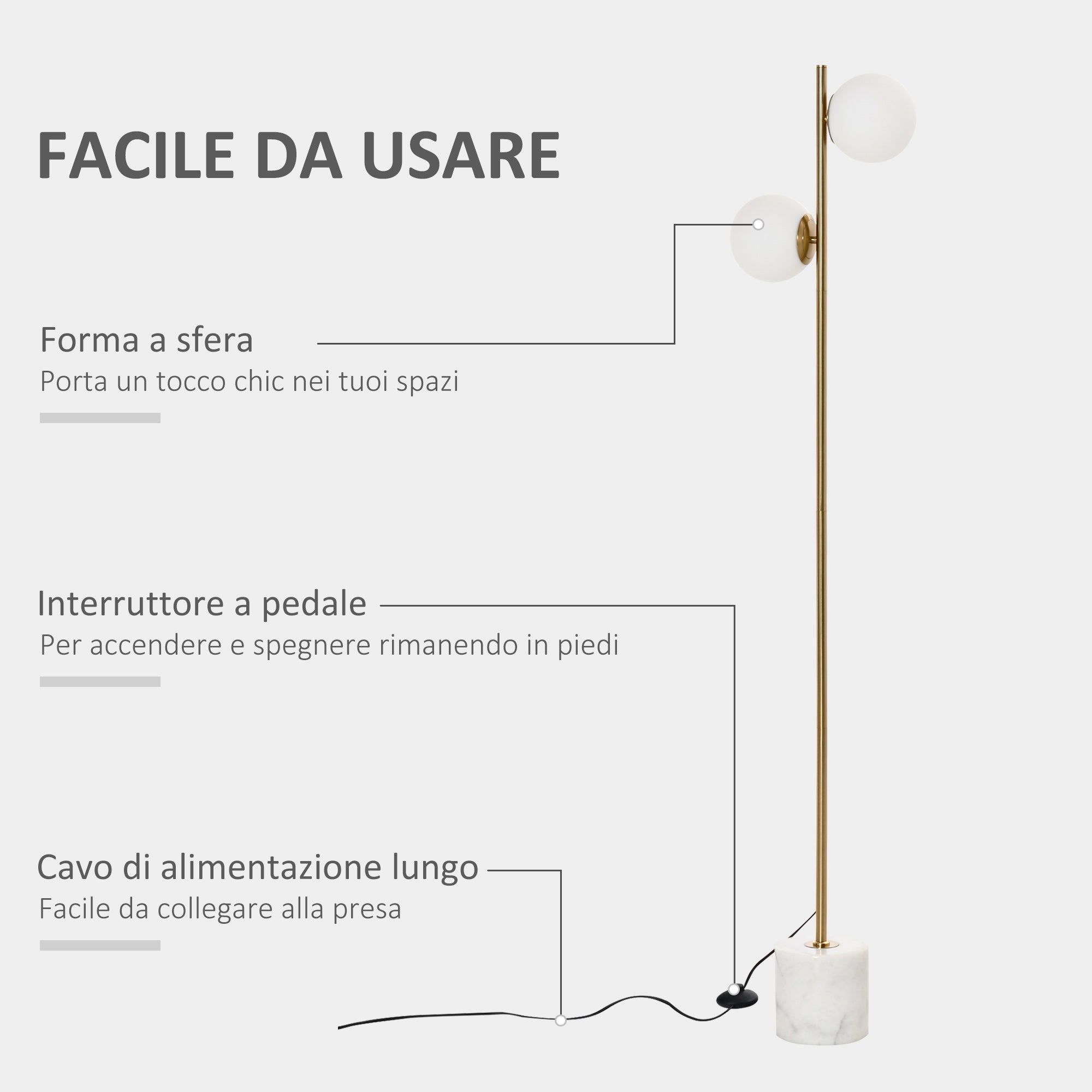 ground lamp with 2 sphere lampshades and pedal switch, 35x35x165cm, gold and white - Borgè
