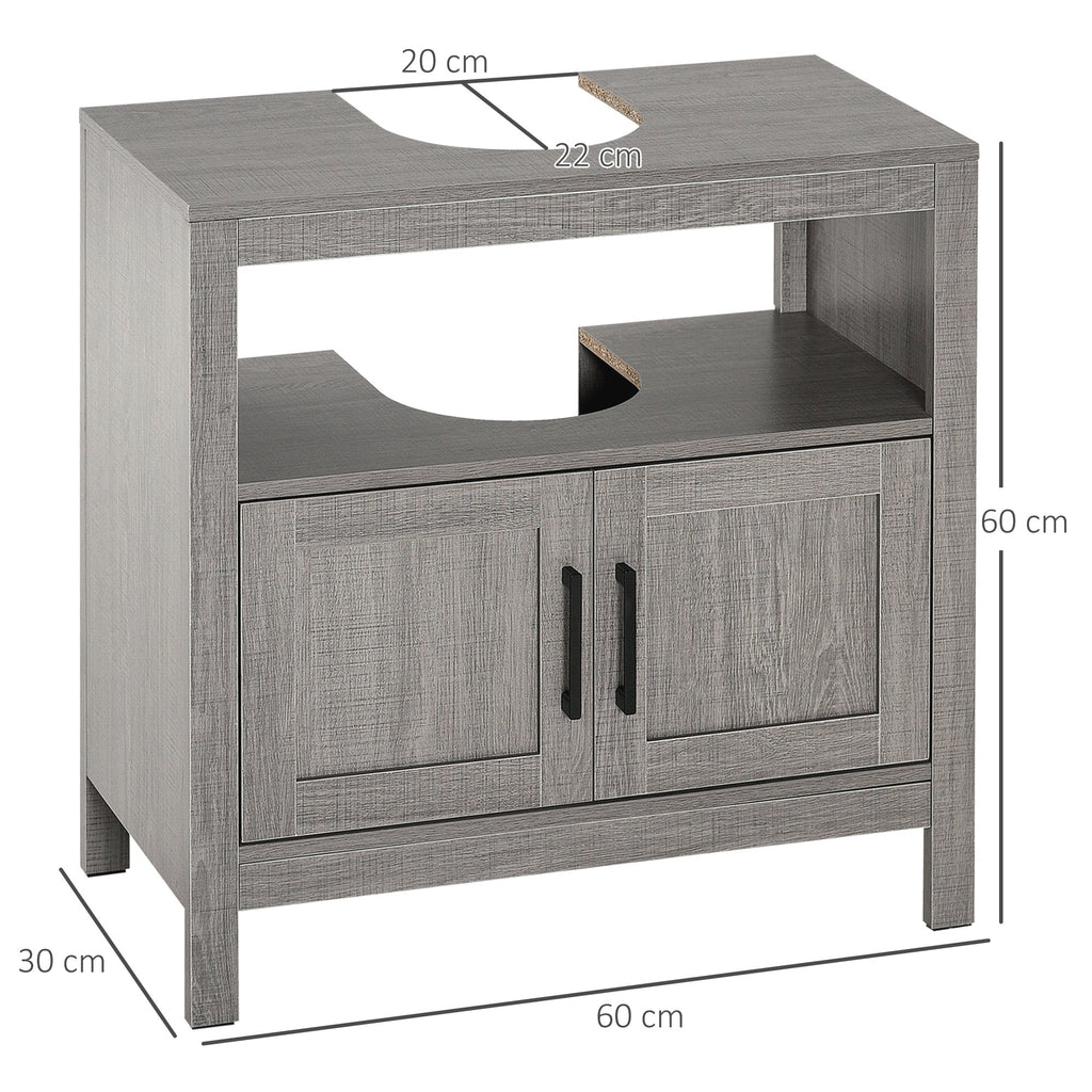 Kleankin Mobile sublavabo with 2 doors and wooden shelves 60x30x60cm, Grey wooden shelves - Borgè