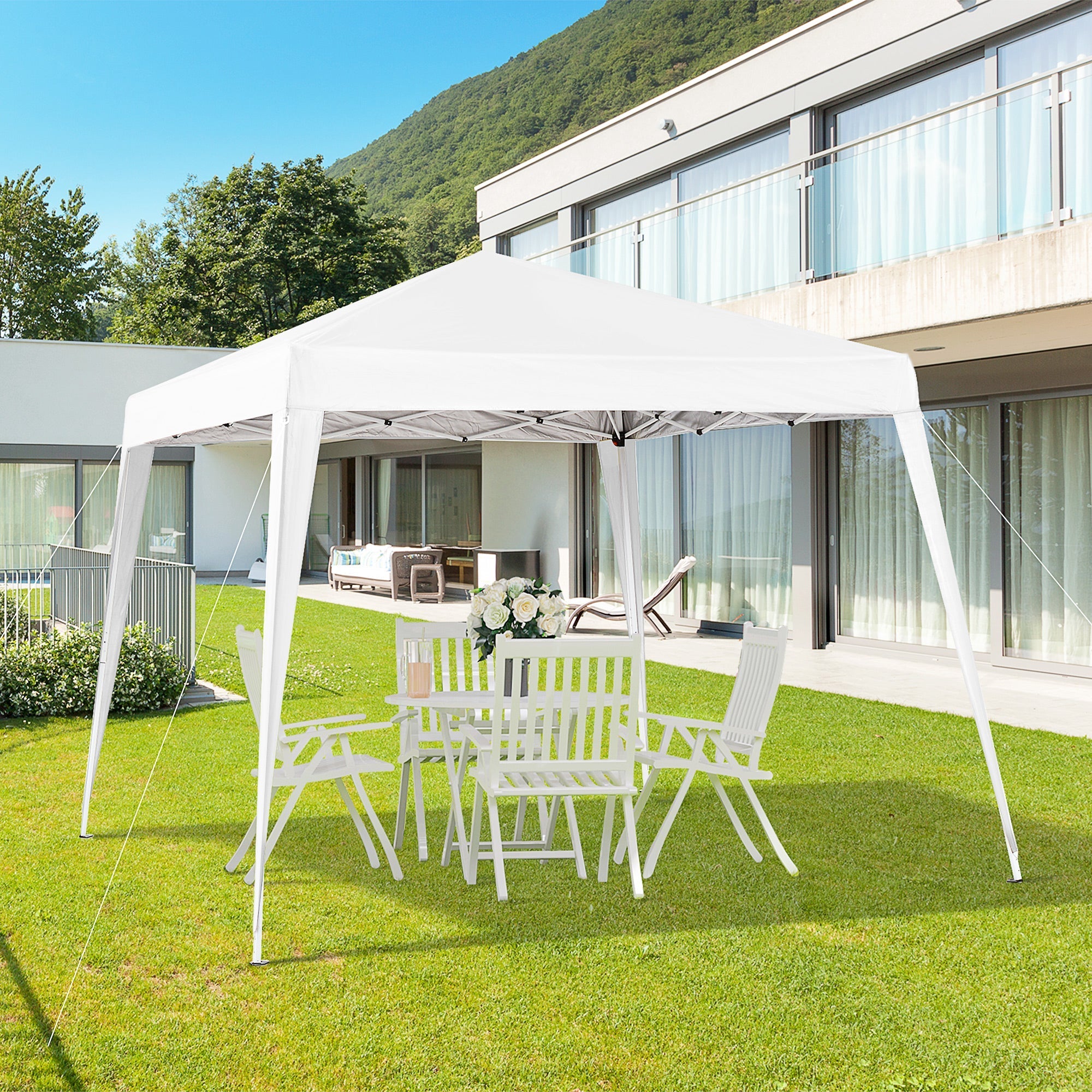 Pop up Foldable Garden Gazebo 2.4x2.4m with Steel Structure and Windproof Ropes, White - Borge' Group Limited