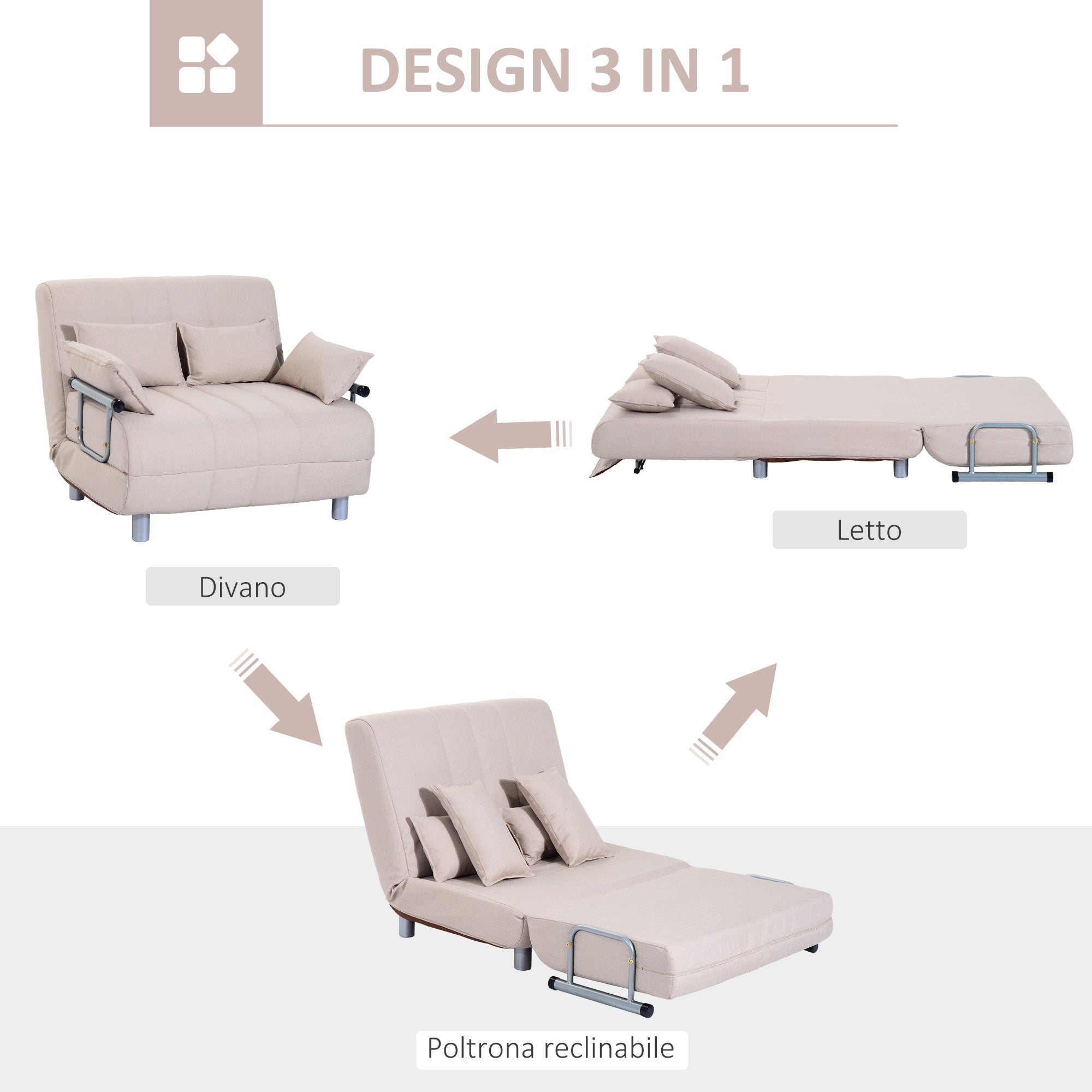 Homcom sofa bed 2 beds 1 square Â½ in steel and fabric with 4 cream cushions - Borgè