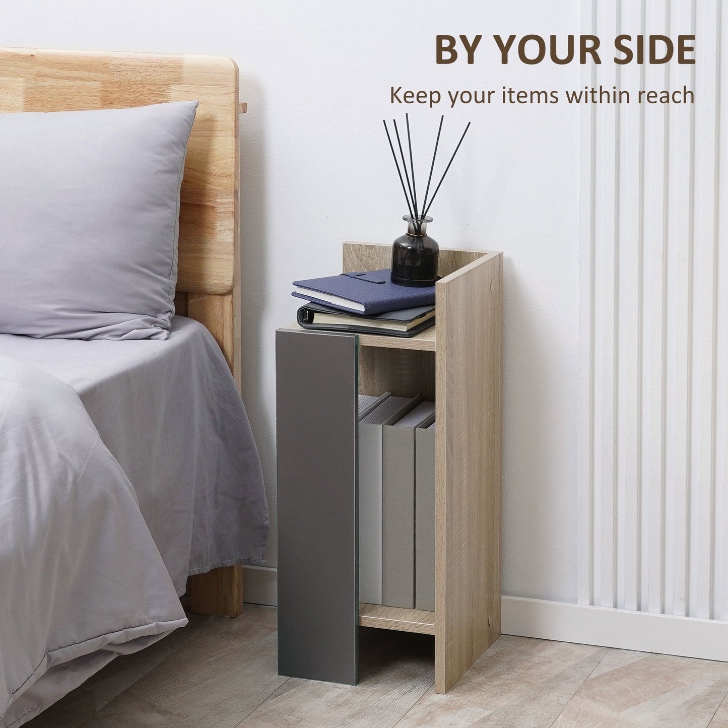 Modern Grey bedside table with open shelf, 2 pieces in chipboard for bedroom and living room, 27x25x60cm - Borgè