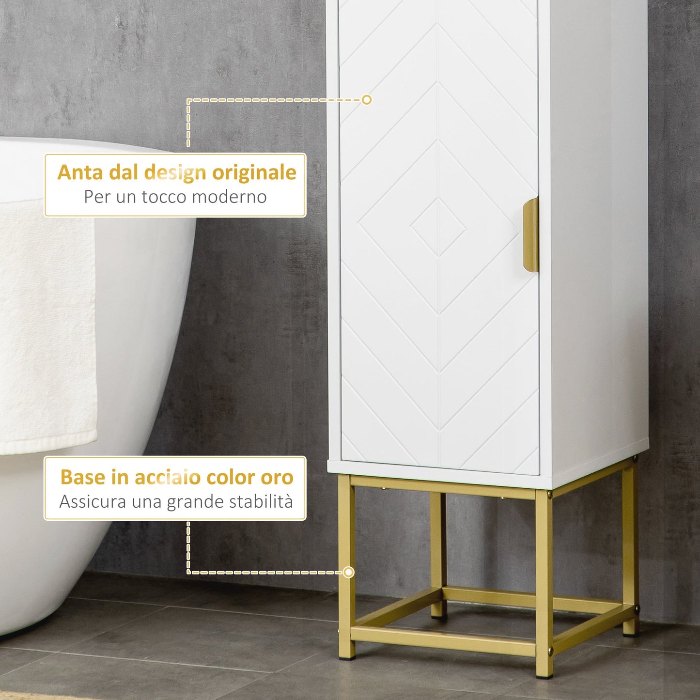 Kleankin Bathroom column with 2 lockers and shelf in mdf and steel, 30x30x170.7cm, white and gold - Borgè