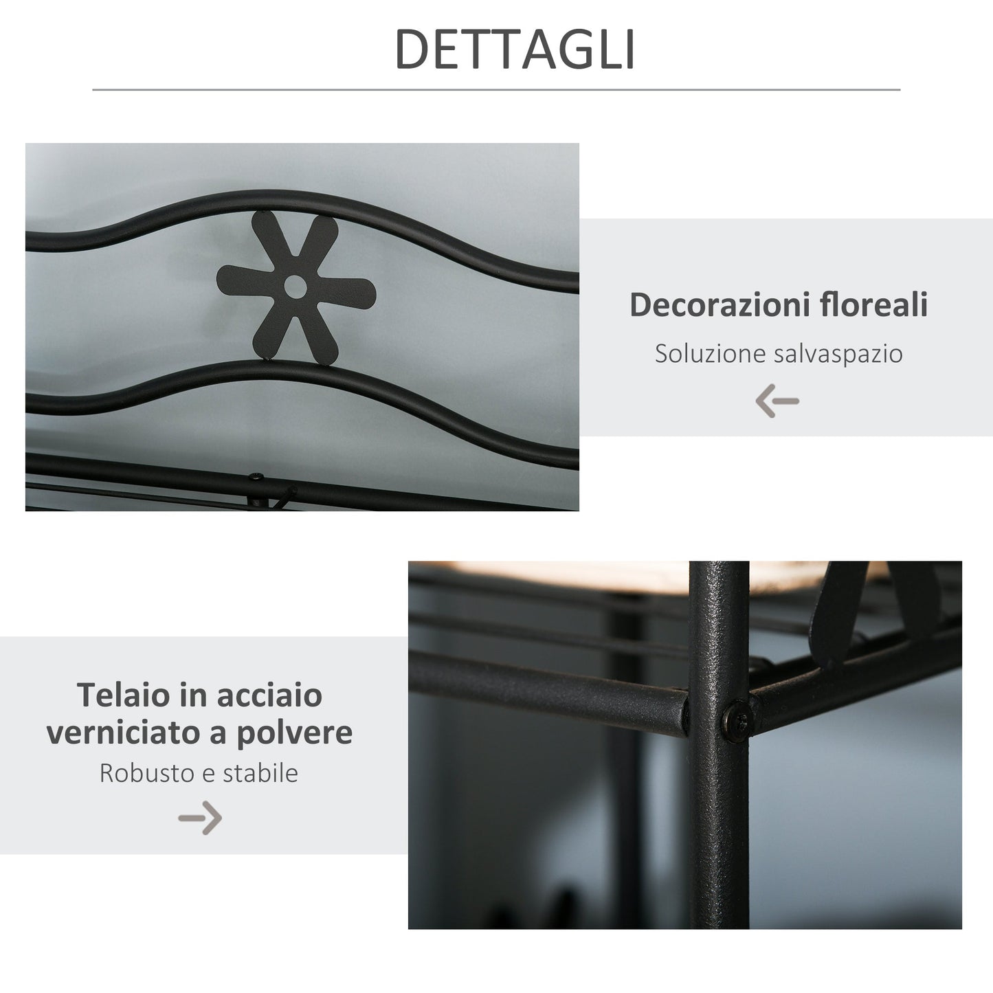 closet wardrobe hanger with 5 shelves and 2 curtains, 84 x 42 x 158.5cm, in black metal with flower decorations