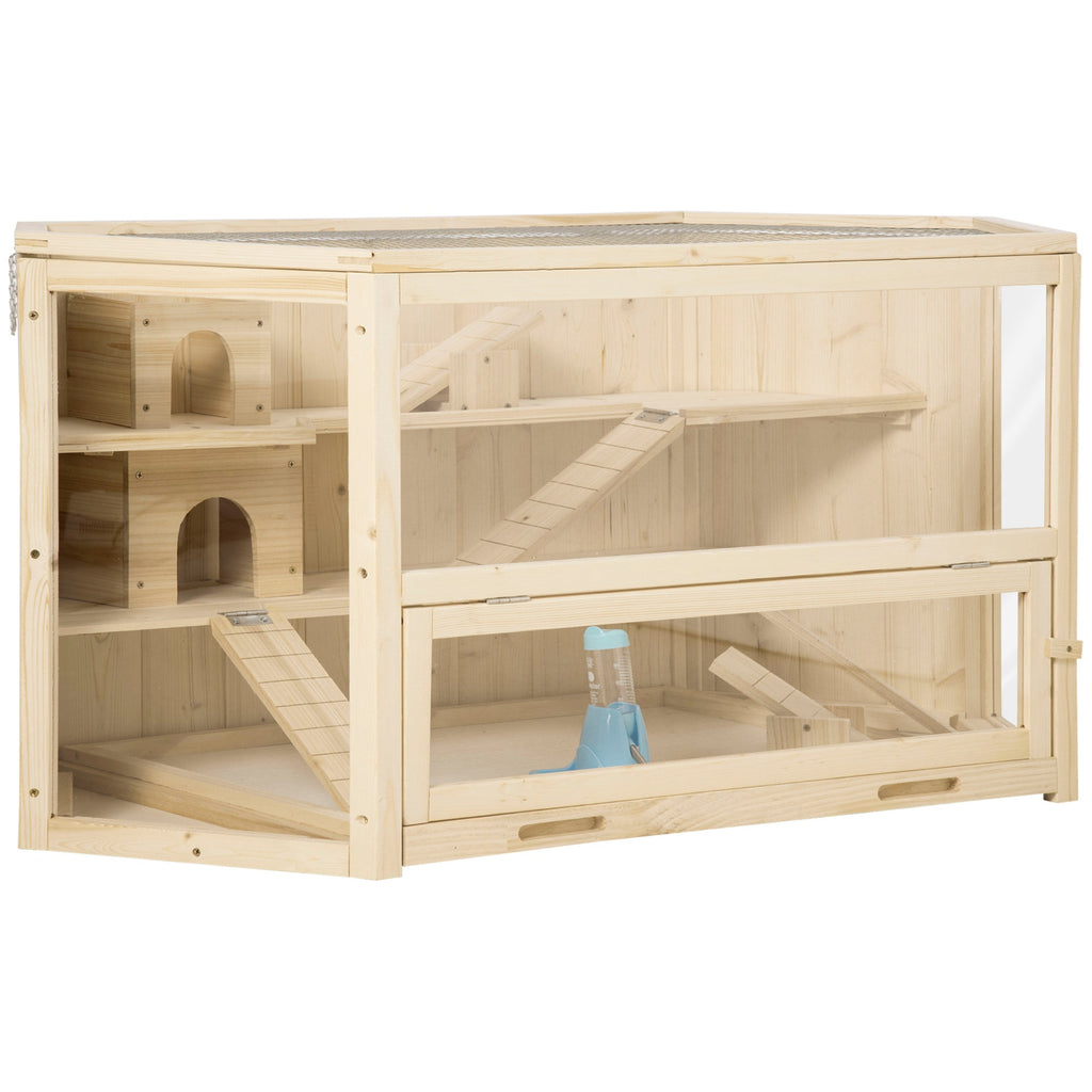 3-Tier Wooden Hamster House with Opening Roof and Transparent Wall, 115x60x55cm - Borge' Group Limited