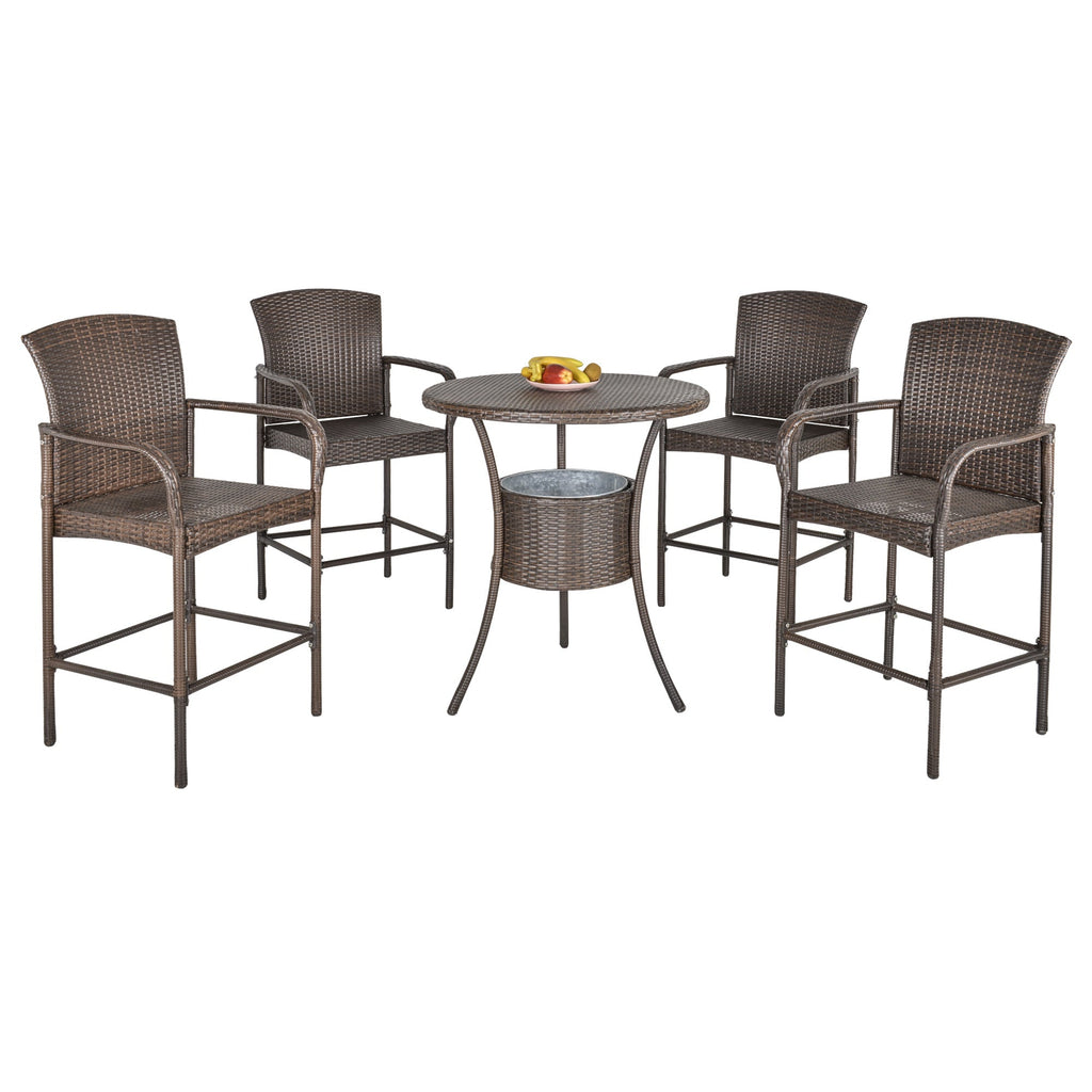 BUDAPEST |  5 Piece Garden Table and 4 High Chairs Set in Synthetic Rattan with Ice Bucket, Brown - Borge' Group Limited