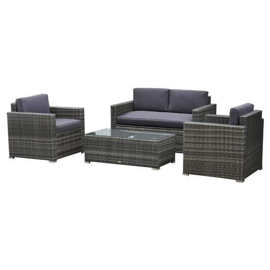 Garden Set 4pcs in Rattan and Steel, with sofa, 2 Armchairs and a Coffee Table, Grey | Outsunny - Borgè