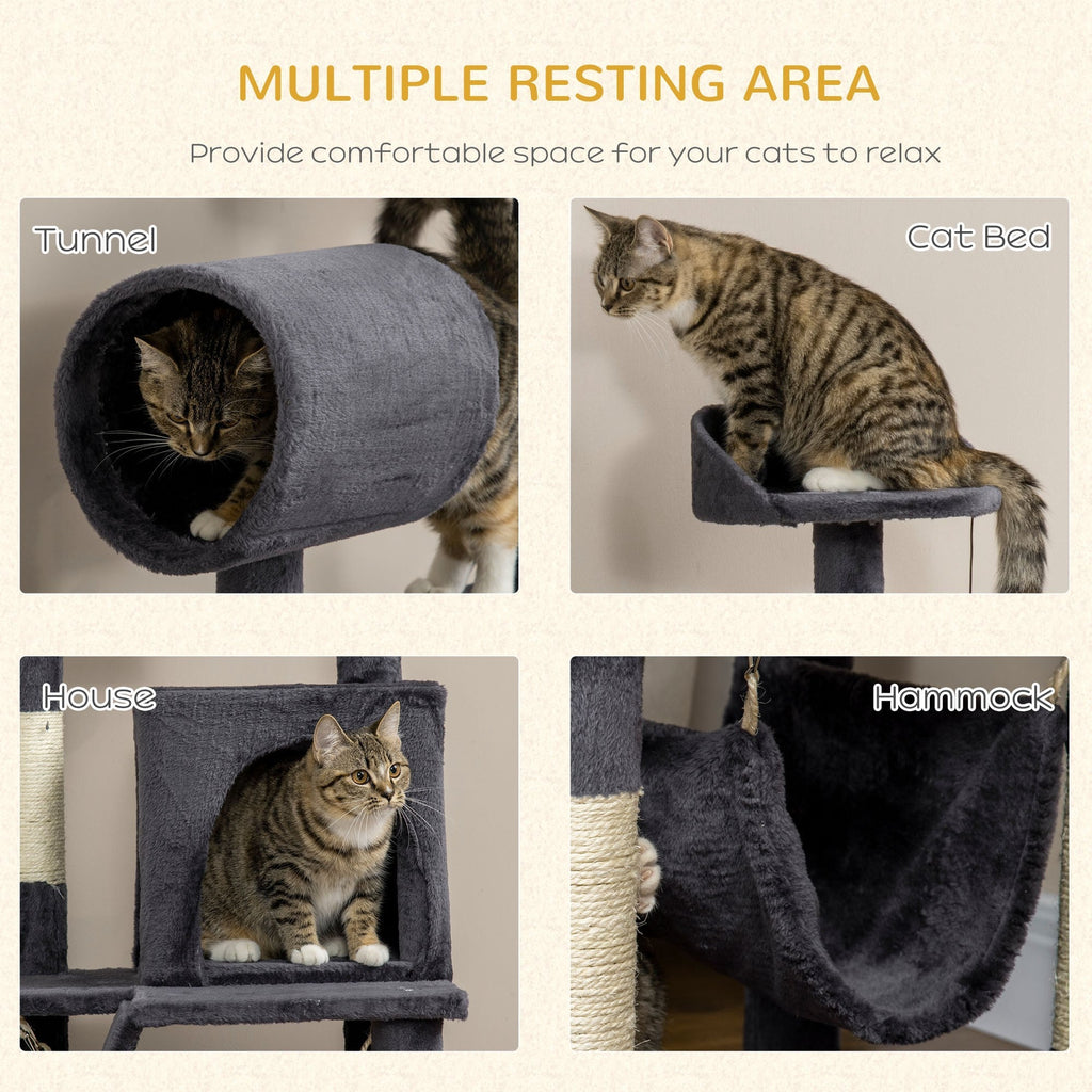 Cat Tree with Cat Scratching Post, Cat House, Hammock, Bed, Tunnel and Ball, 48x48 x125 cm, Dark Grey - Borge' Group Limited