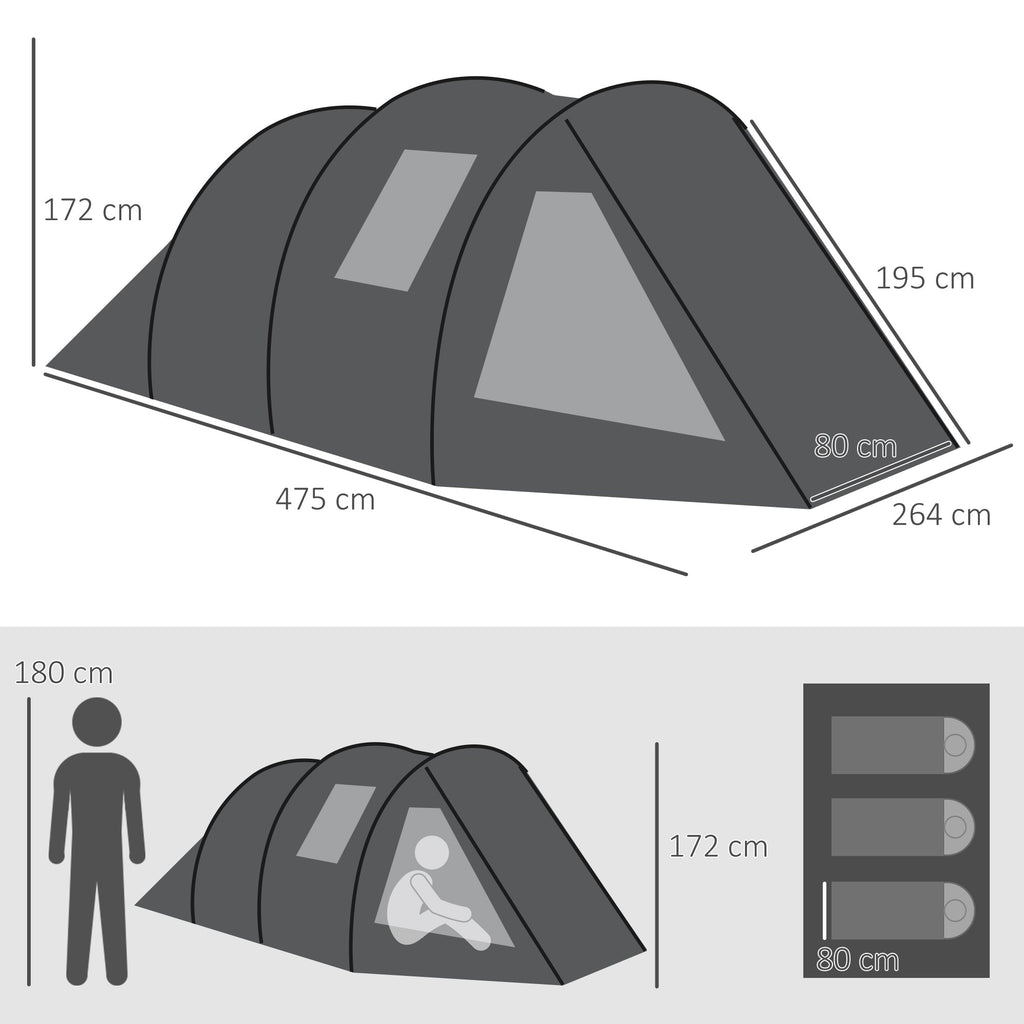 Outsunny camping curtain 3-4 people two rooms with windows, transport bag 475x264x172cm black - Borgè