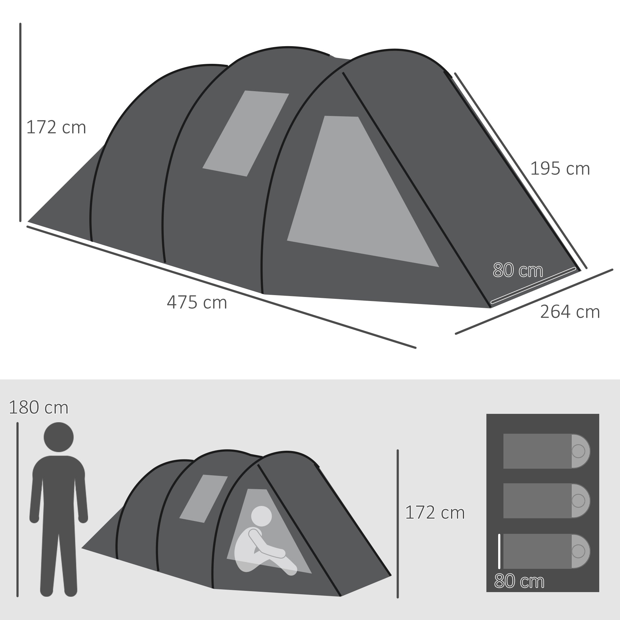 Outsunny camping curtain 3-4 people two rooms with windows, transport bag 475x264x172cm black - Borgè