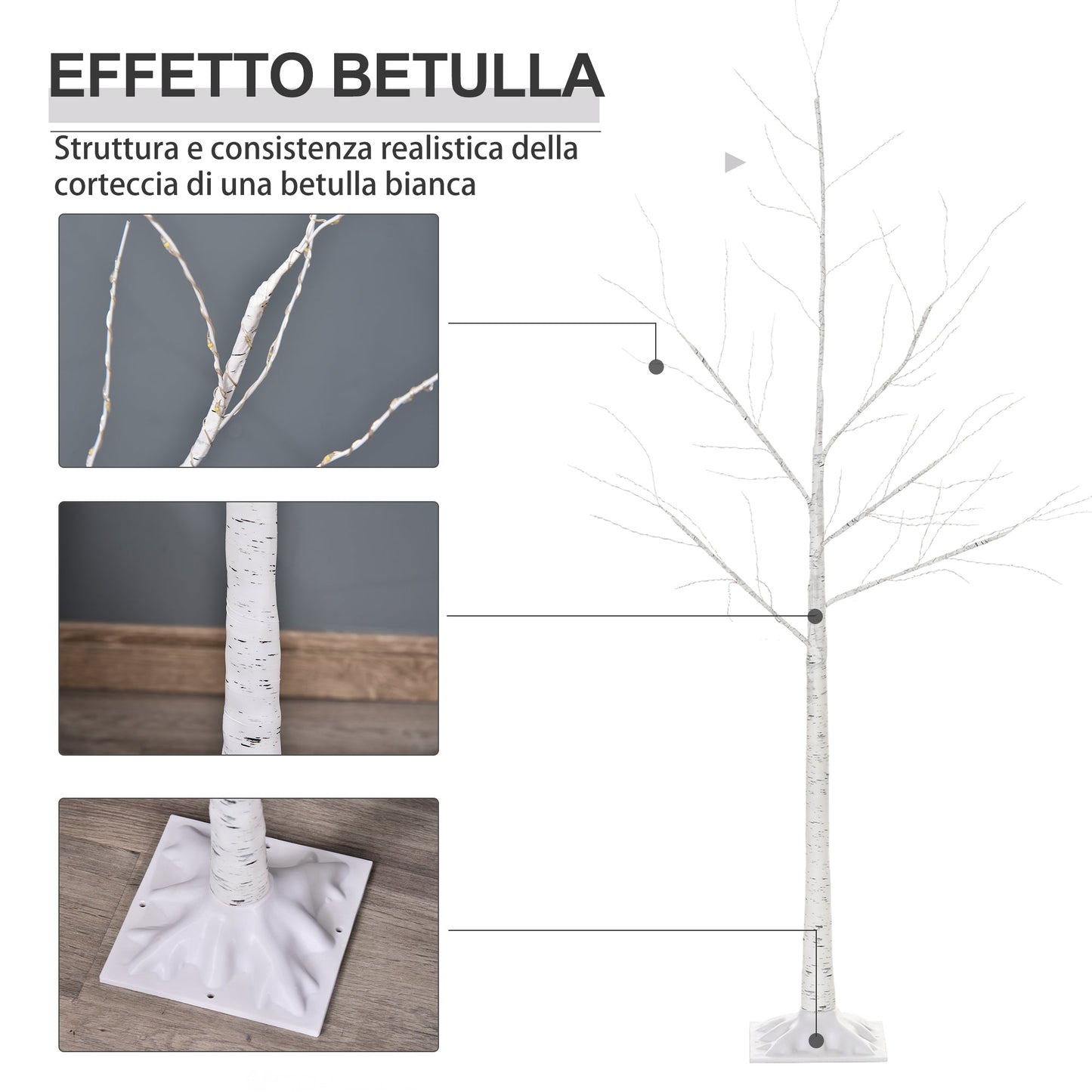 White Christmas tree with LED lights, square base and power cable, steel | 20x20x150 - Borgè