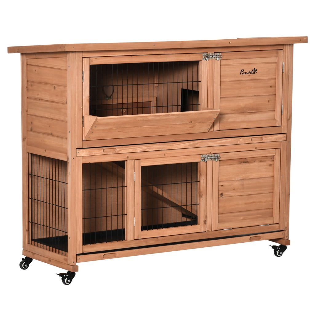 2-Tier Wooden Rabbit Hutch with Wheels, Pull-Out Tray and Ramp, 122x50x101cm - Borge' Group Limited