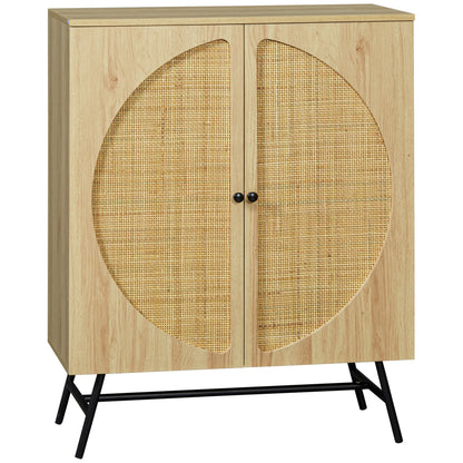 Boho Style Sideboard with 2 Doors in Wood and Rattan, 80x39x101.8cm Natural - Borgè