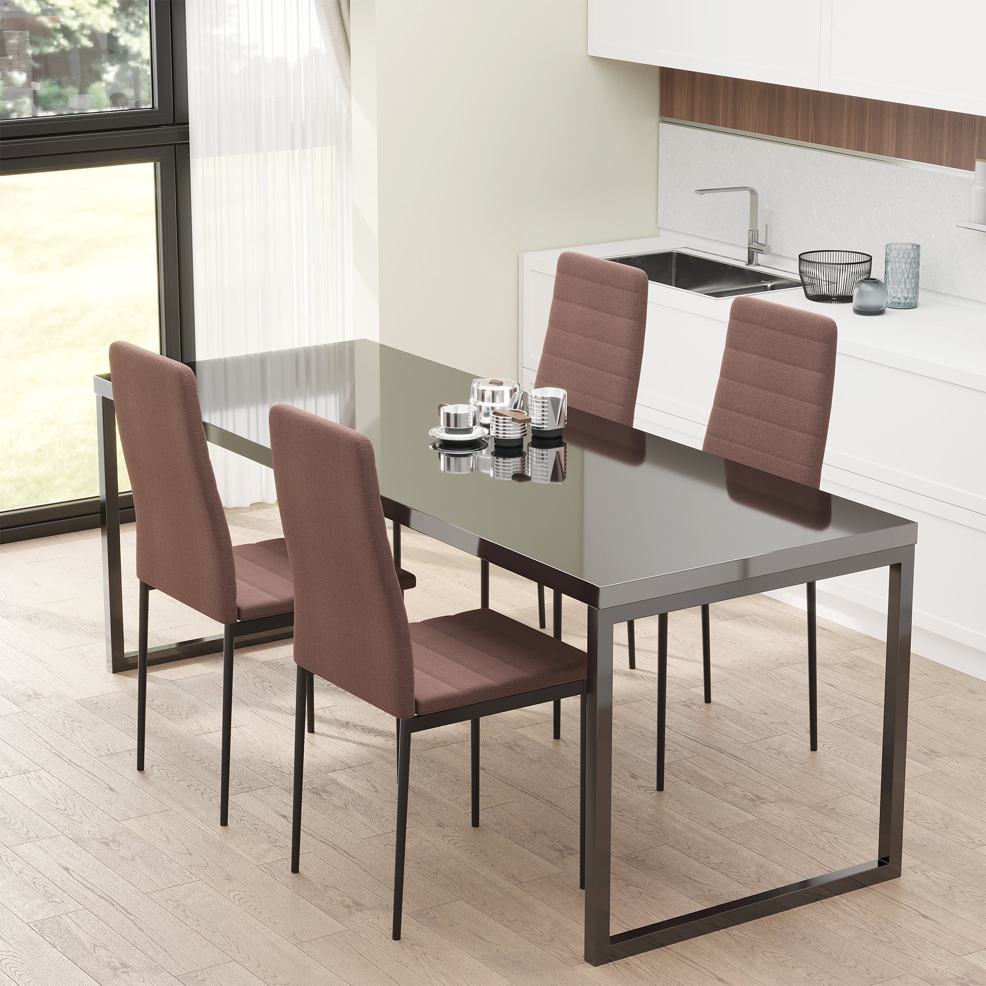 Set 4 Padded Modern Style Chairs in Metal and Fabric - Khaki - Borgè