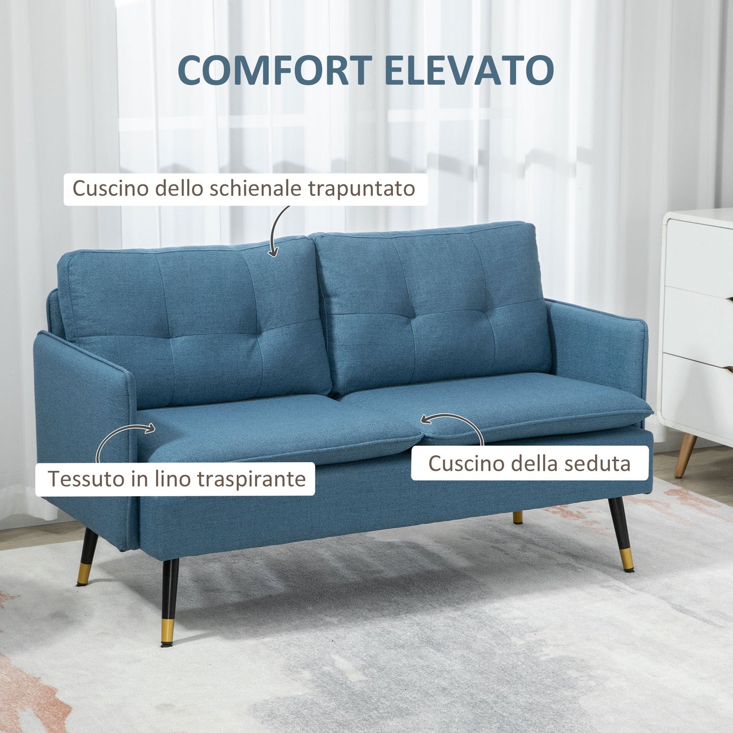 Sofa 2 seats in fabric with padded cushions and steel legs 139x68x80cm, dark blue - Borgè