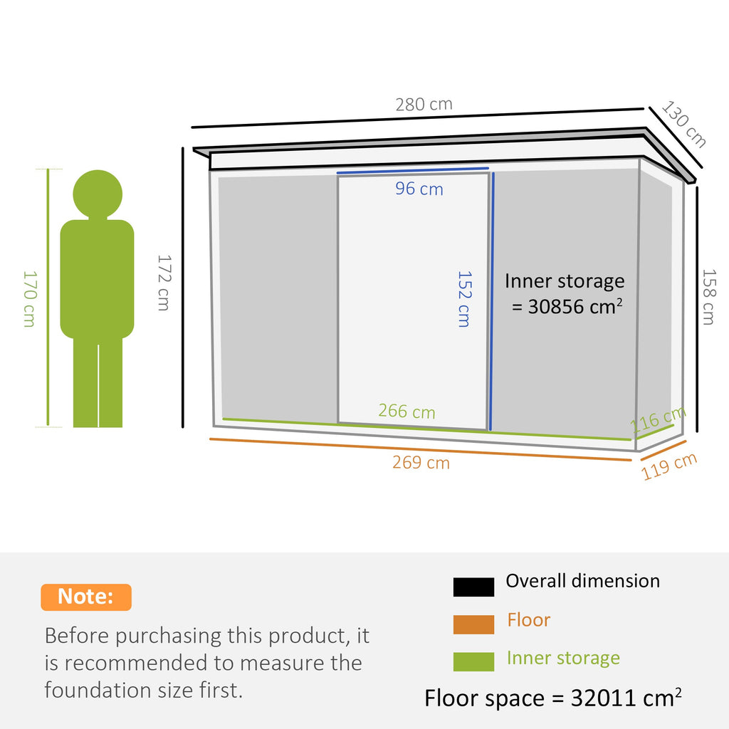Garden Shed Tool Shed in Steel Sheet with Sliding Doors, 280x130x172cm, Grey-Black - Borge' Group Limited