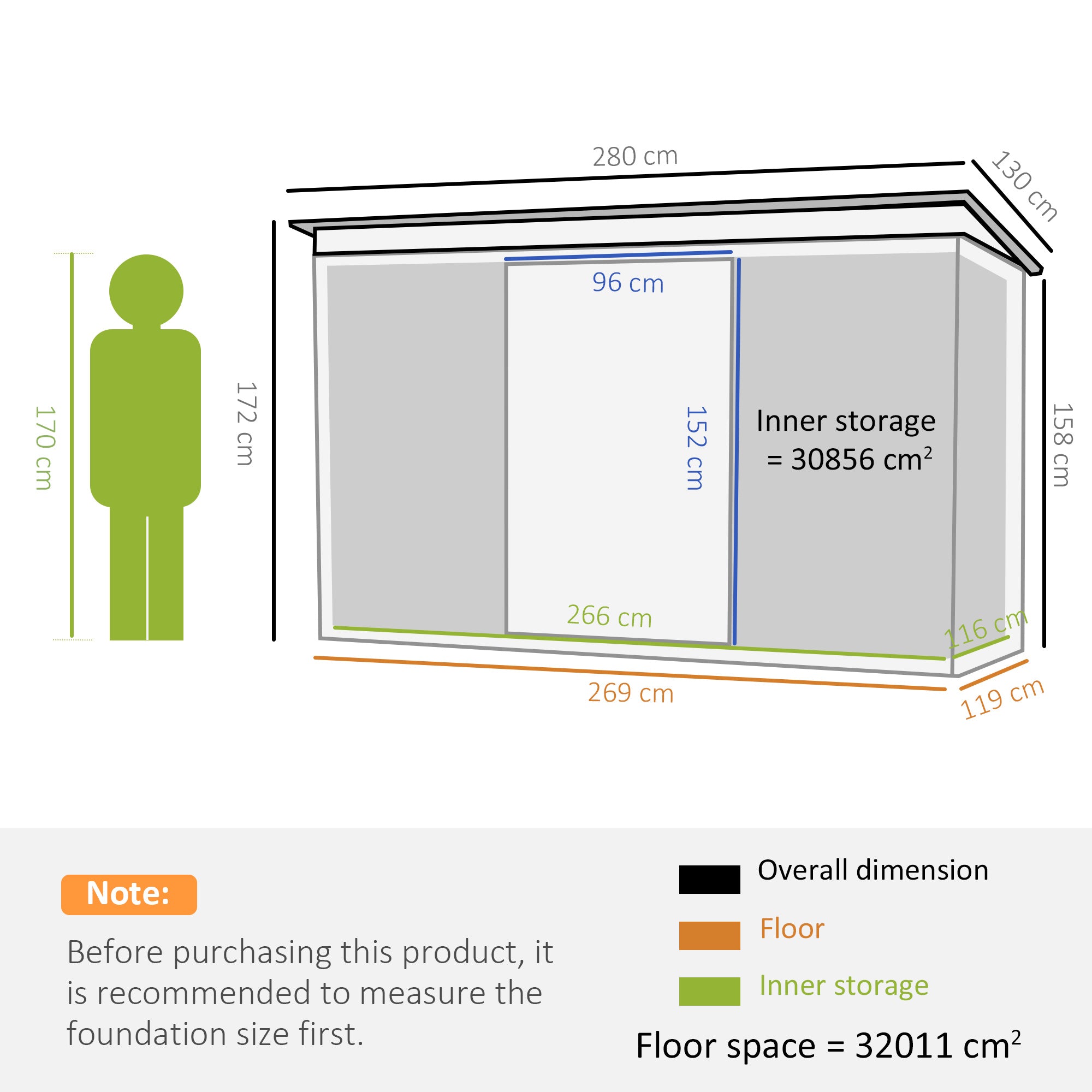 Garden Shed Tool Shed in Steel Sheet with Sliding Doors, 280x130x172cm, Grey-Black - Borge' Group Limited