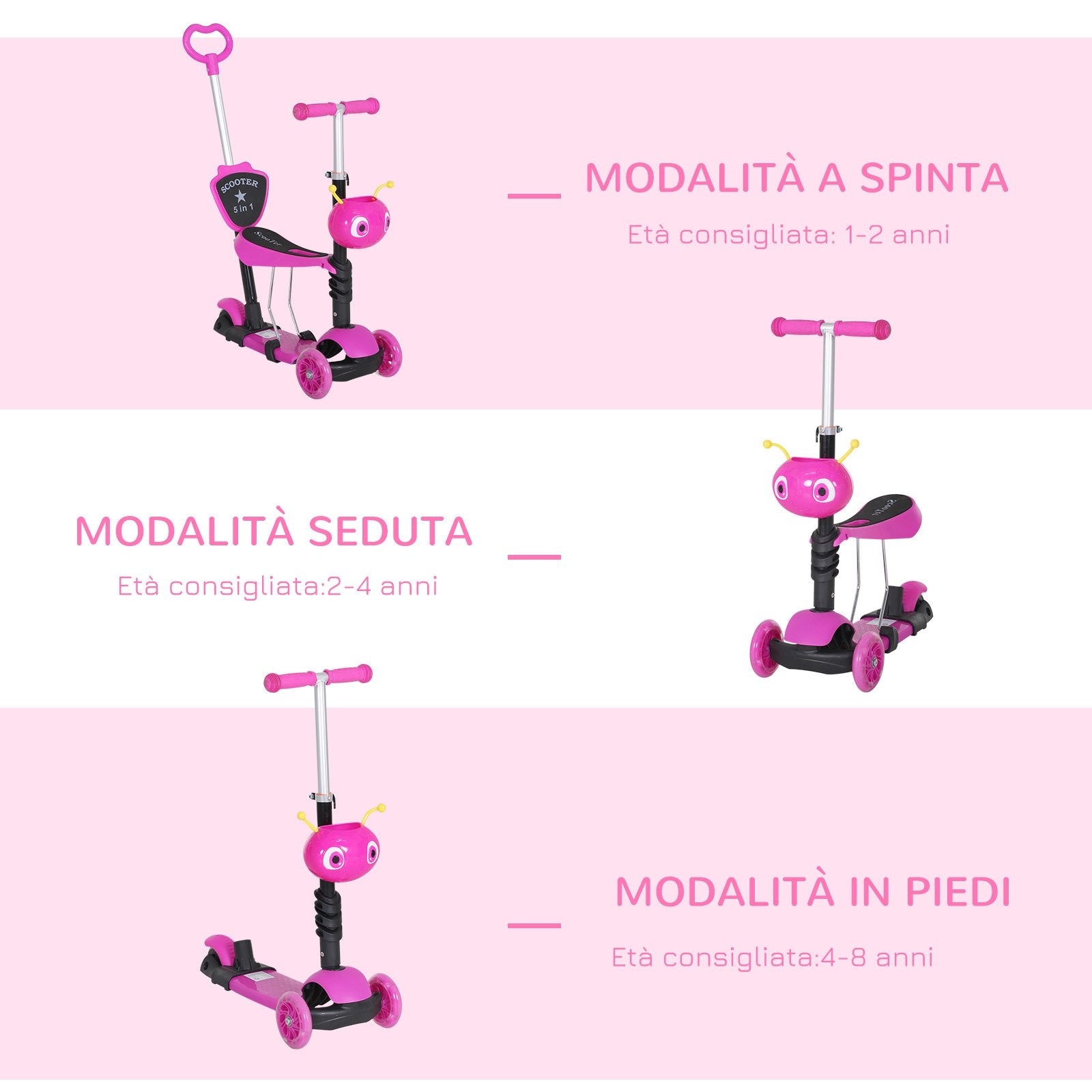 Scooter for Kids with Seat and Handlebar, 5 in 1 Height Adjustable Handlebar, 62x25x72.5cm Pink - Borgè