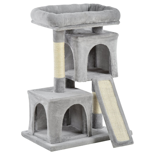 Cat Tree for cats with Scratch Pole, bed and 2 houses, 59x39x83cm, Grey - Borgè