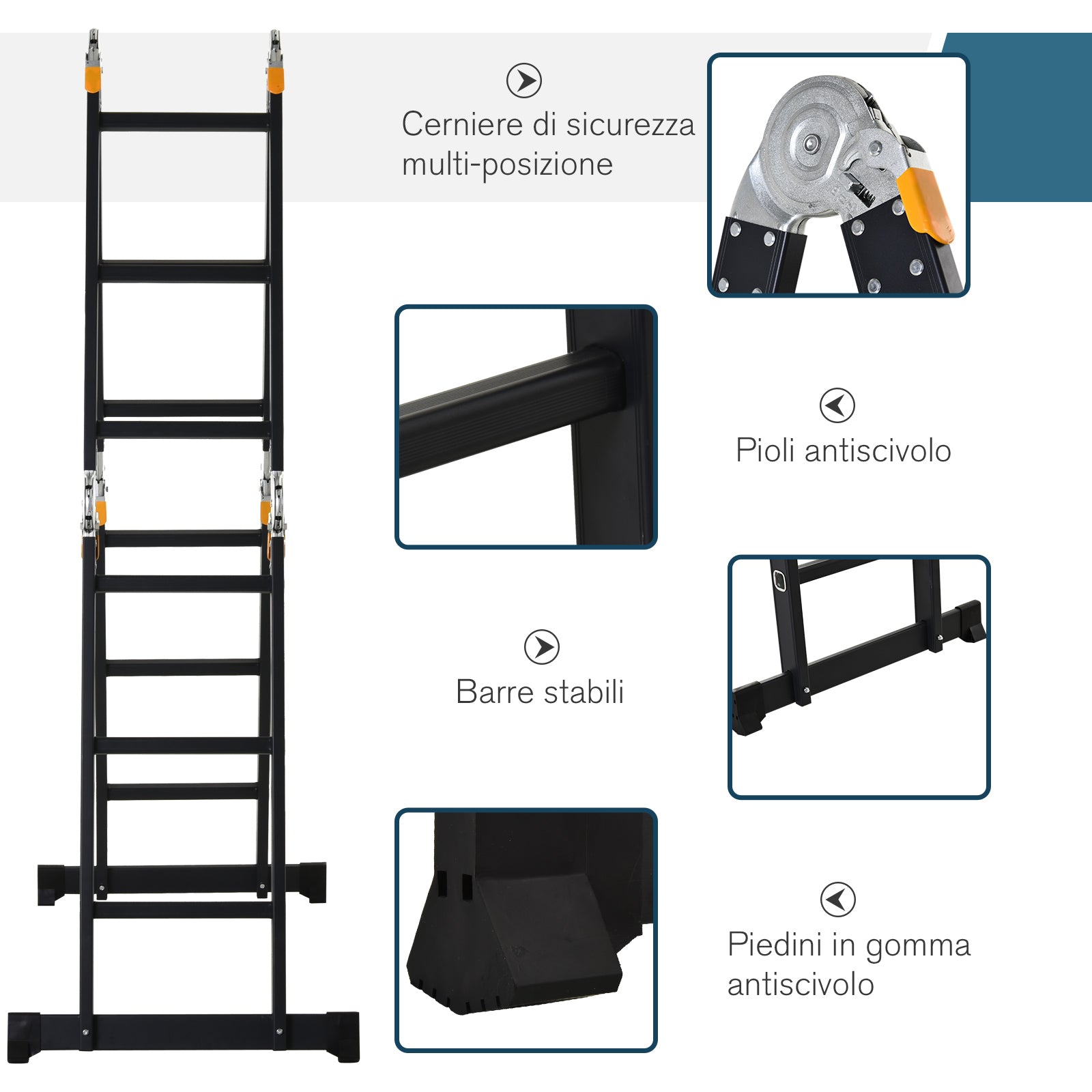 Durhand Aluminum scale 5 in 1 black for interiors and exteriors, maximum load 150kg, 370x61x11 cm - Borgè
