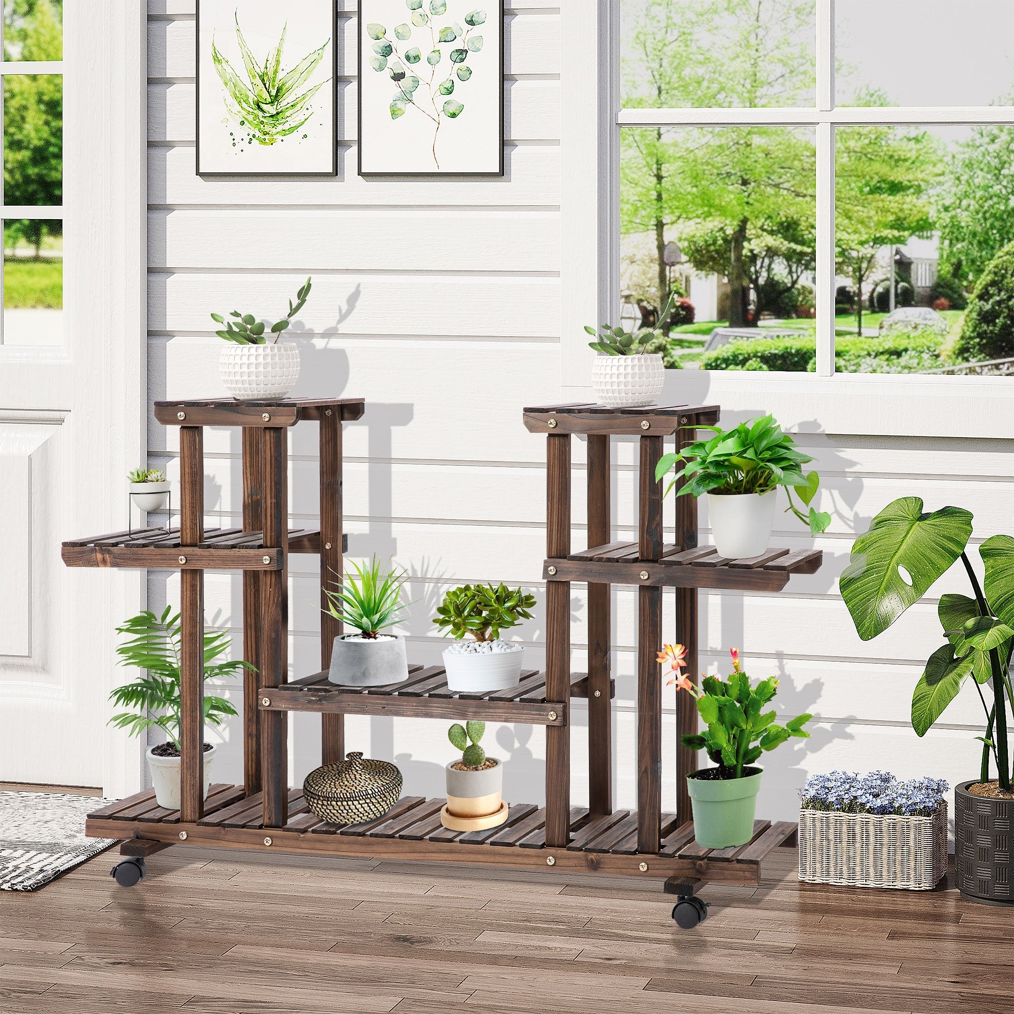 4-Tier Flower Rack, Indoor and Outdoor Wooden Planter with 4 Wheels, 123.5 x 33 x 80cm - Borge' Group Limited
