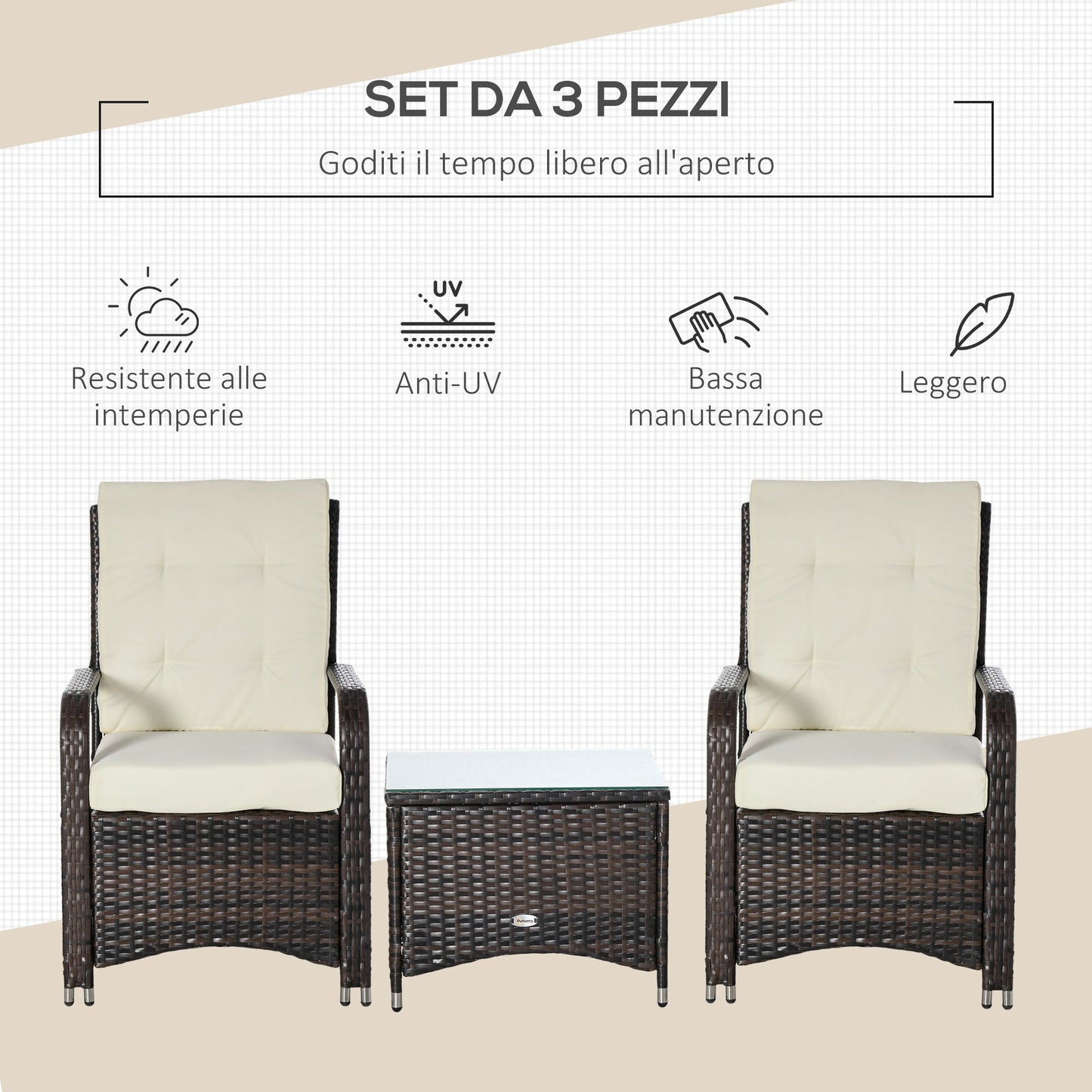 DOREE | Garden Furniture Set in Rattan PE with Coffee Table and 2 chairs with removable cushion - Borgè