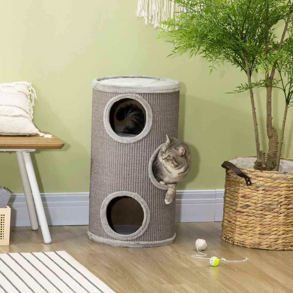 3-Tier Cat House with Sisal Scratching Post and Plush, Ø38x70cm, Light Grey - Borge' Group Limited