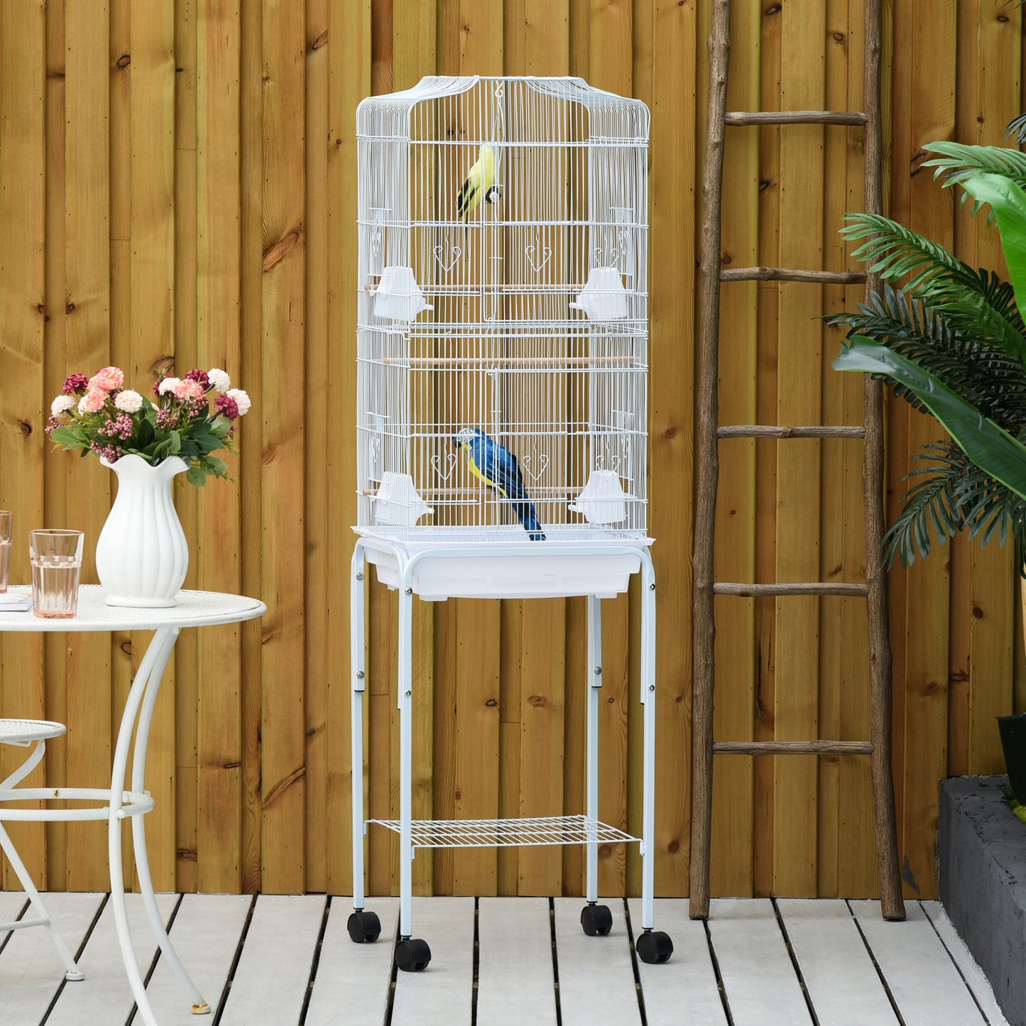 Pawhut bird cage, metal and steel aviary with wheels, tree and bowls, 46.5x36x157cm - white - Borgè