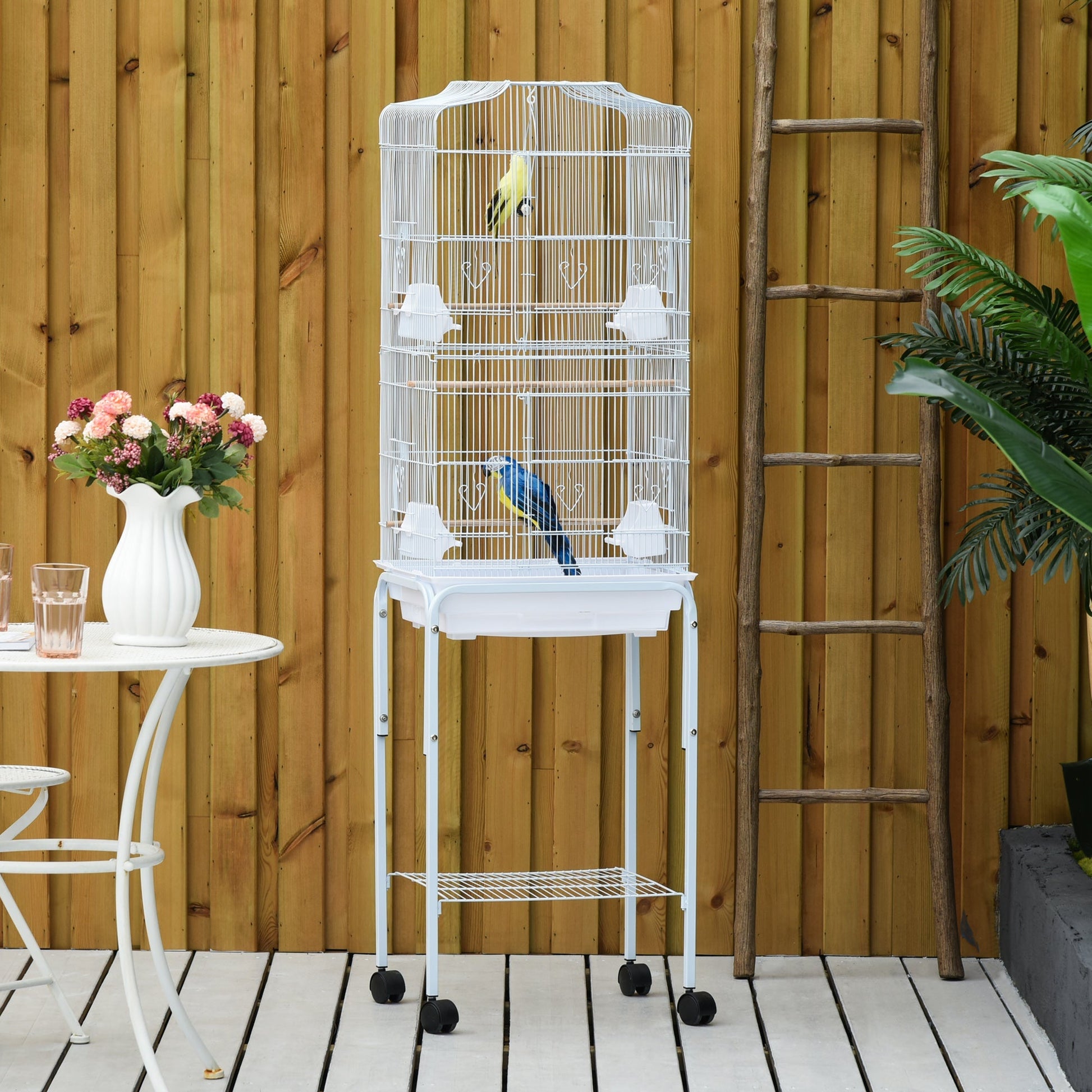 Pawhut bird cage, metal and steel aviary with wheels, tree and bowls, 46.5x36x157cm - white - Borgè