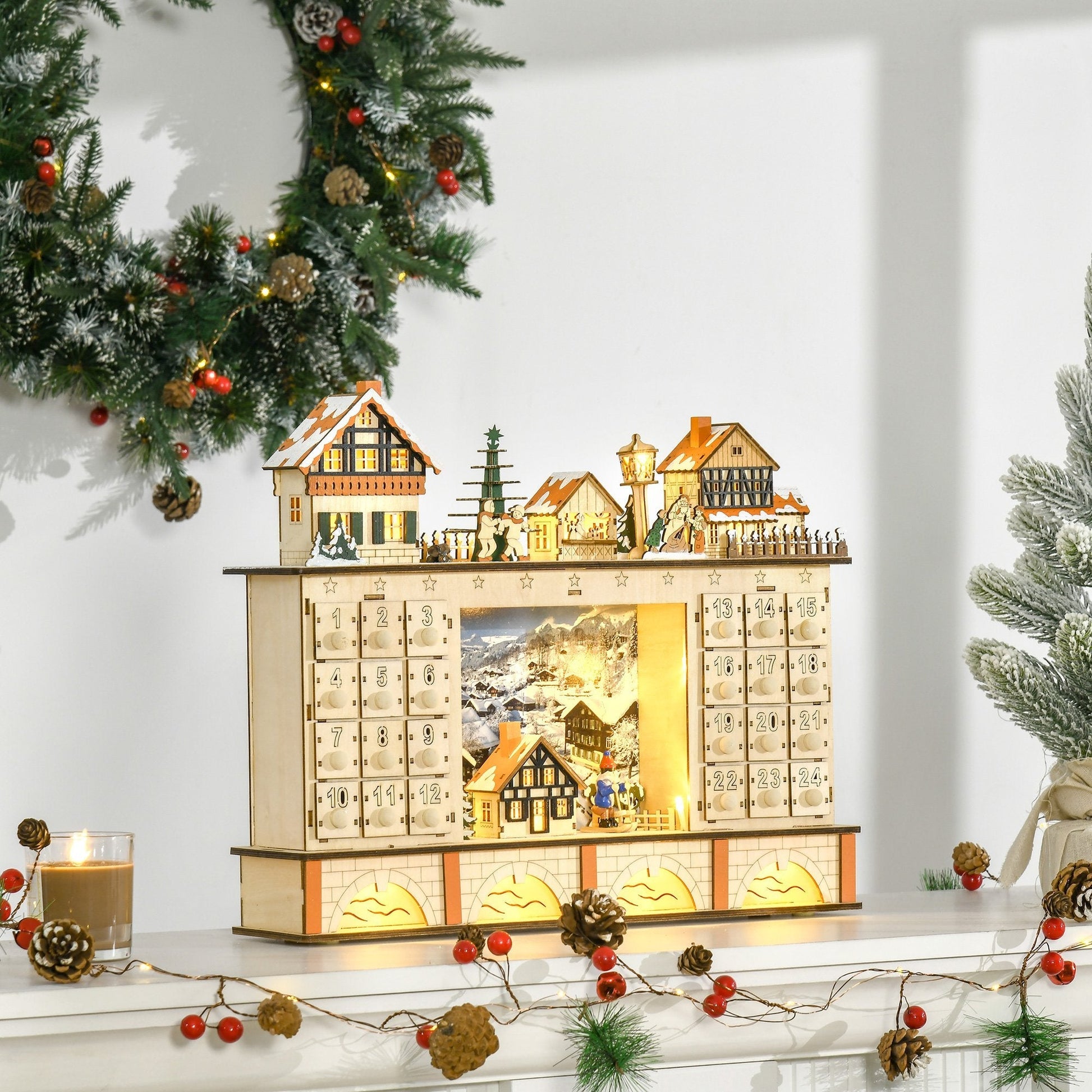 Wooden Advent calendar with 24 drawers decoration with Christmas village and lights, 44x10x37cm - wood - Borgè