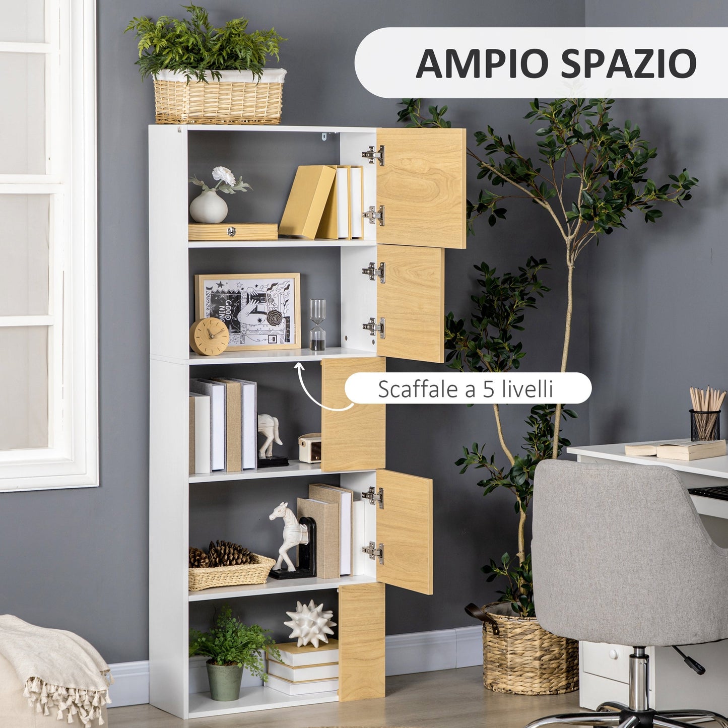 Homonda Modern Library with asymmetrical shelves and soft close doors, 63x22x166cm, white and natural