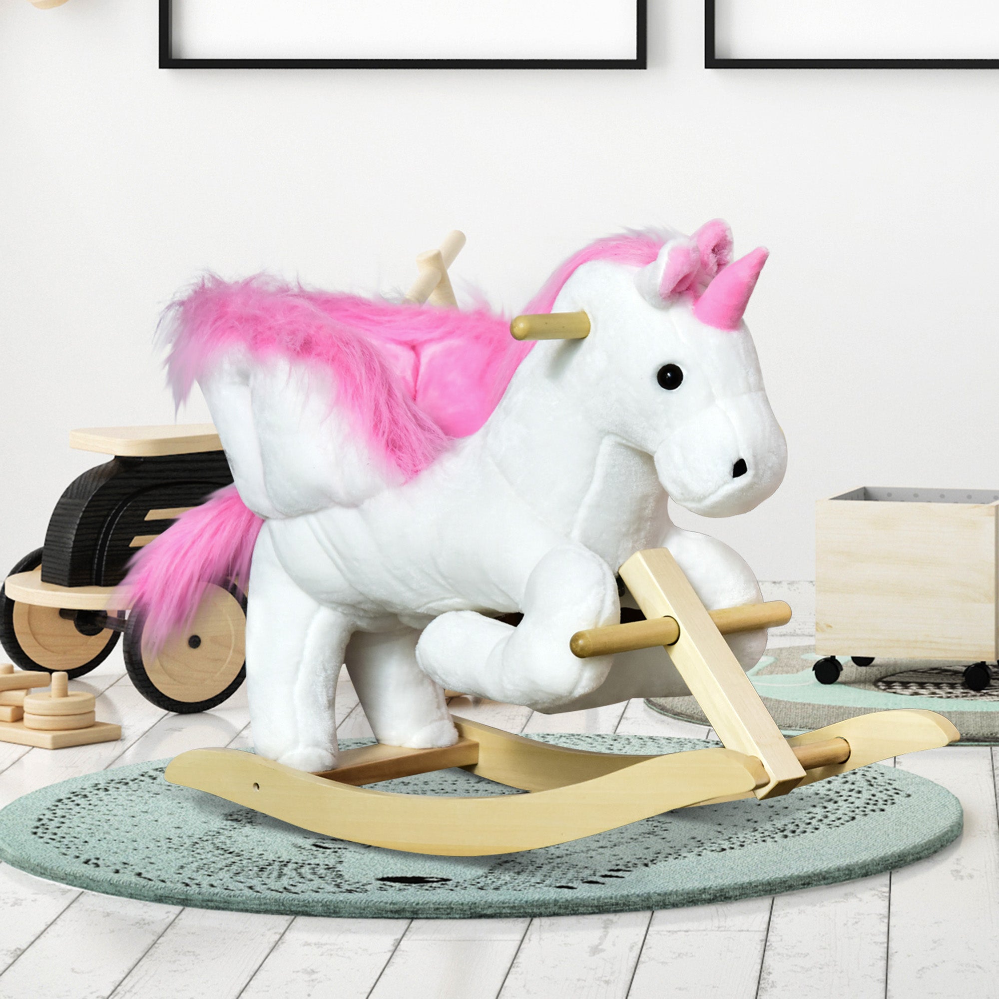 Unicorn Rocking Horse with Music, Metal and Wood Frame, Plush Cover, 65x32x55cm, White Pink - Borgè