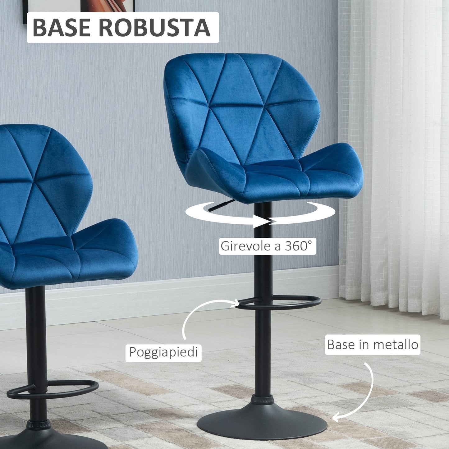 Set 2 swivel bar stools with adjustable height of velvet coating and round base - blue - Borgè