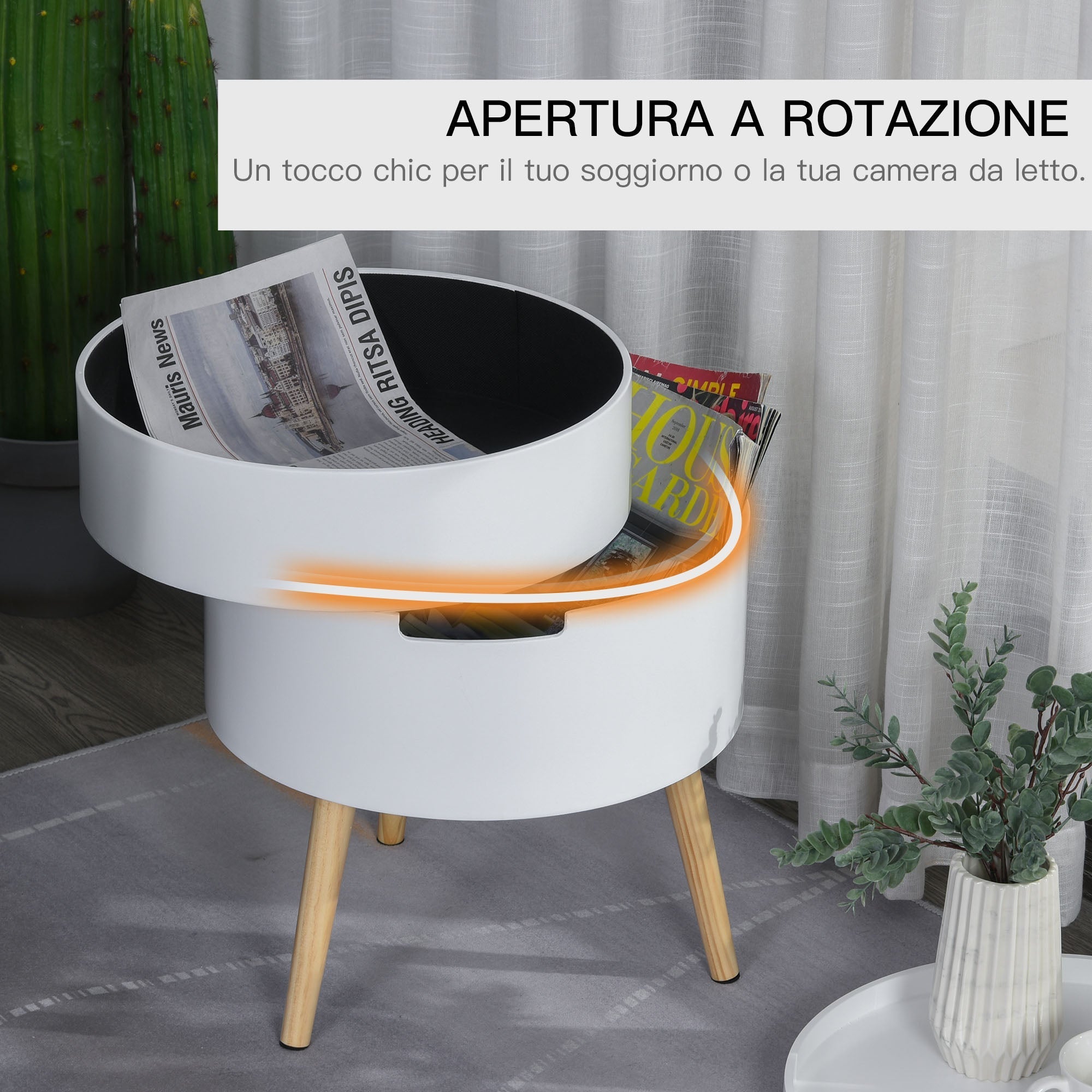 Round coffee table with rotation opening and removable white wood tray - Borgè