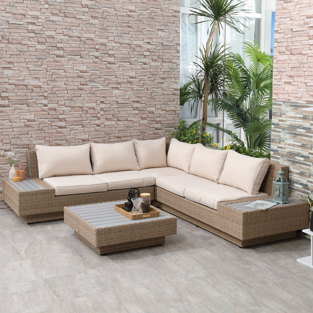 4-Piece Rattan Garden Set, Corner Sofa with Cushions and Coffee Tables, Black and Light Brown - Borge' Group Limited