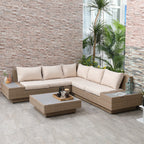 4-Piece Rattan Garden Set, Corner Sofa with Cushions and Coffee Tables, Black and Light Brown - Borge' Group Limited