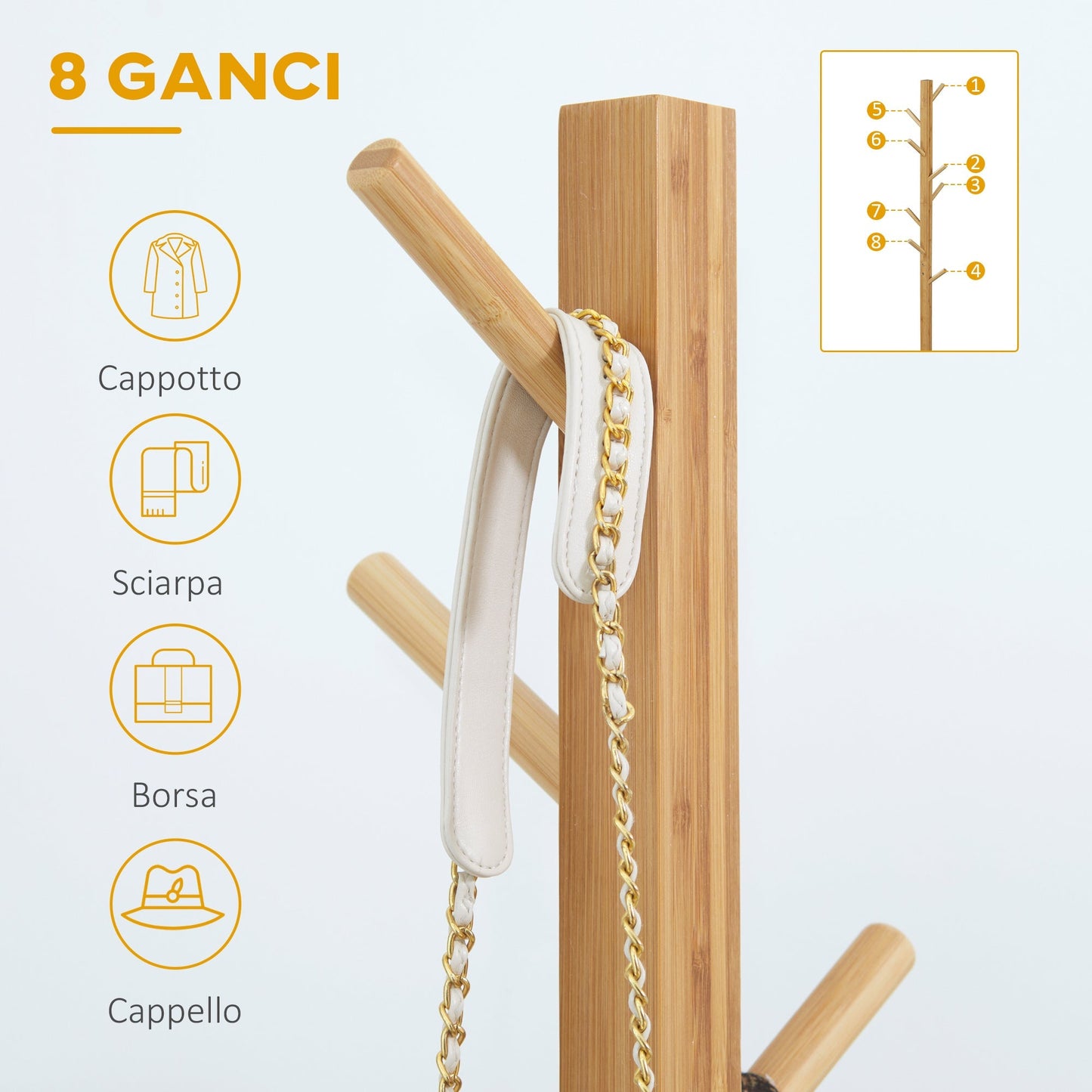 Bamboo Wood Coat Hanger with 8 hooks and base at x | 49.5x 49.5x 178cm - Borgè