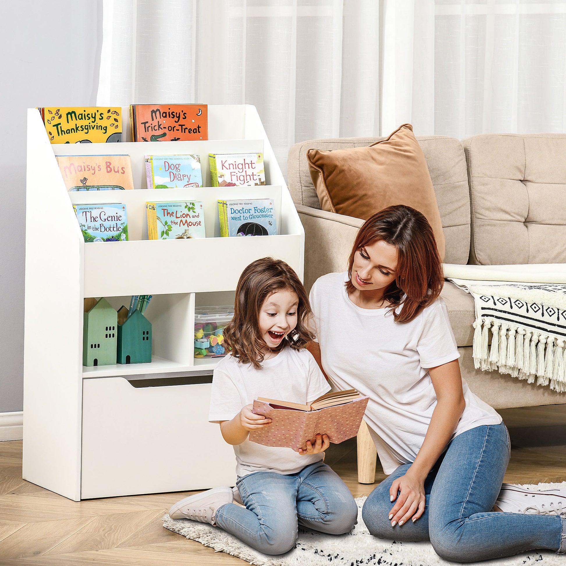 Homcom Small children's bookcase with shelves and drawer in MDF, 60x29.9x90cm, white - Borgè