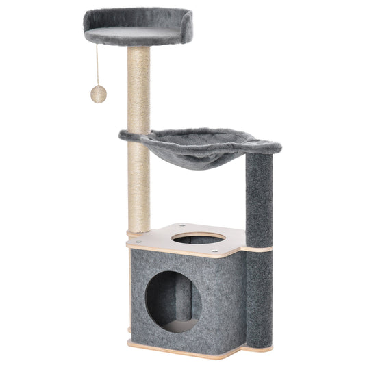 PCat Tree for cats with Scratch Pole with house, hammock, Bedand ropes in sisal, 48x34x95cm, Grey - Borgè