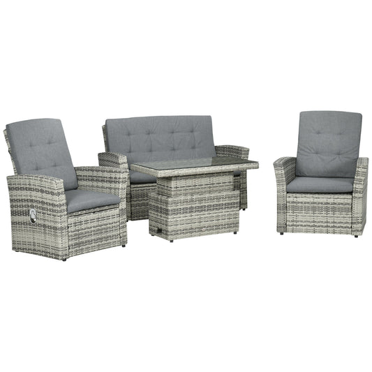 Outsunny Garden set 4pz in Grey rattan with adjustable height table, 2 reclining armchairs and 2 -seater sofa - Borgè