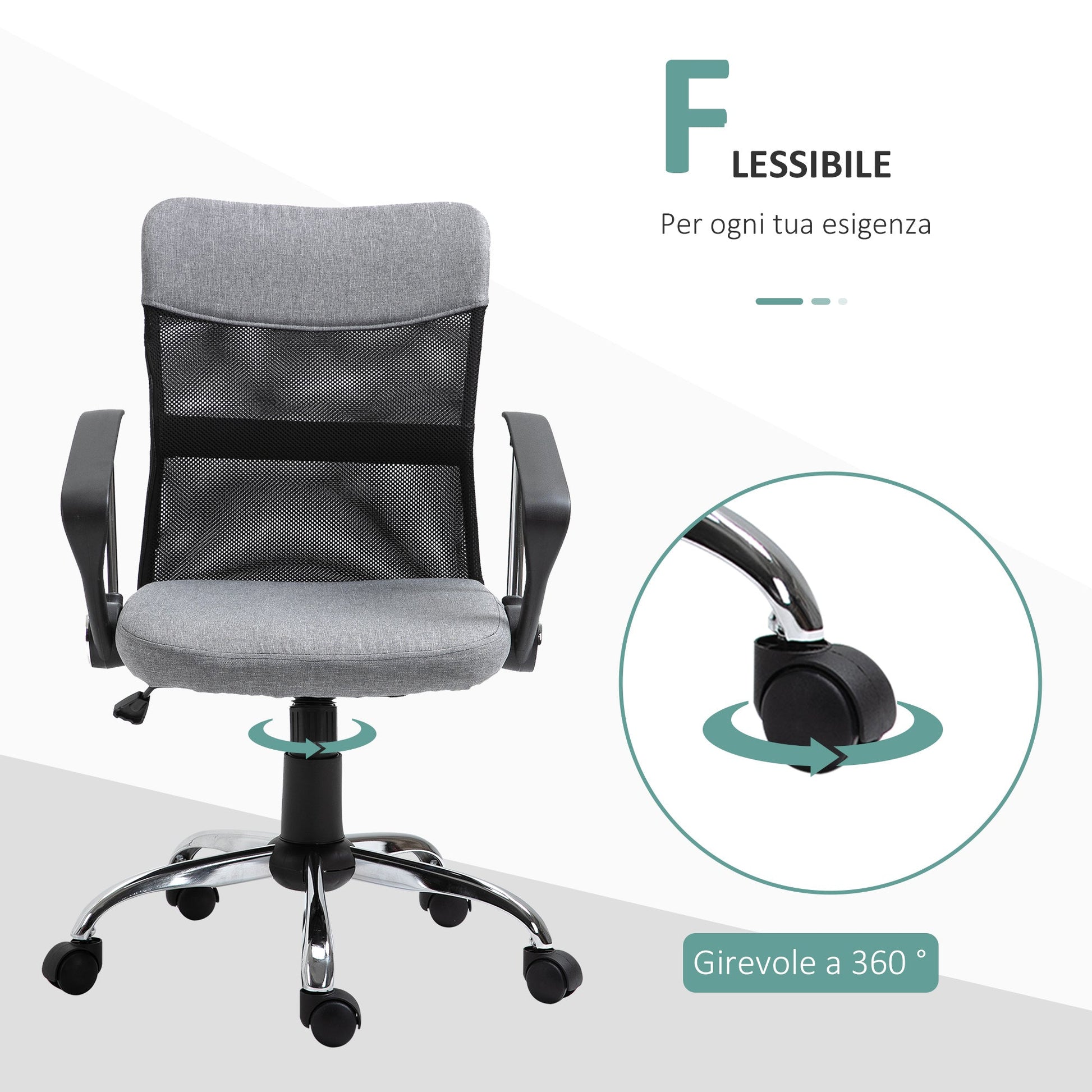 Vash office armchair in Grey fabric, swivel and ergonomic chair for desk - Borgè