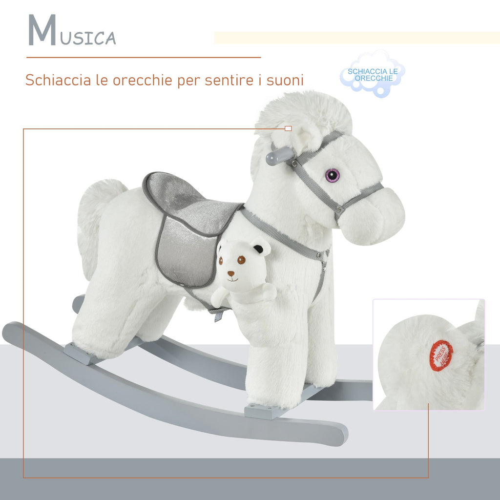 Children's Rocking Horse in Plush and Wood with Sounds and Teddy Bear Included, for Children from 18-36 Months, 65x26x55cm, White - Borgè